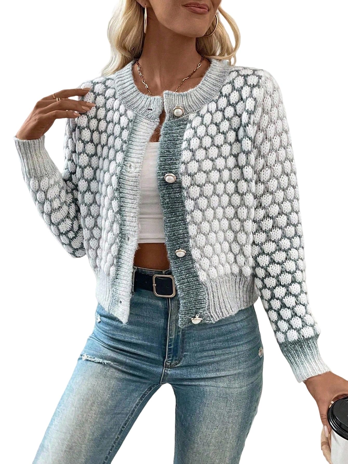 Wolddress Sweaters Button-Up Round Neck Mixed Fabric Fall Winter Cloth Cardigan Knitted Sweaters
