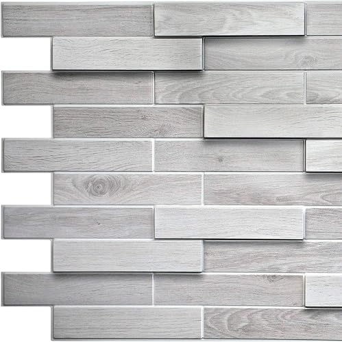 Dundee Deco Panel de pared 3D de PVC con escalones de roble sintético color gris blanco, 3.3 x 1.6 pies (38.6 in x 18.9 in), decoración de paneles