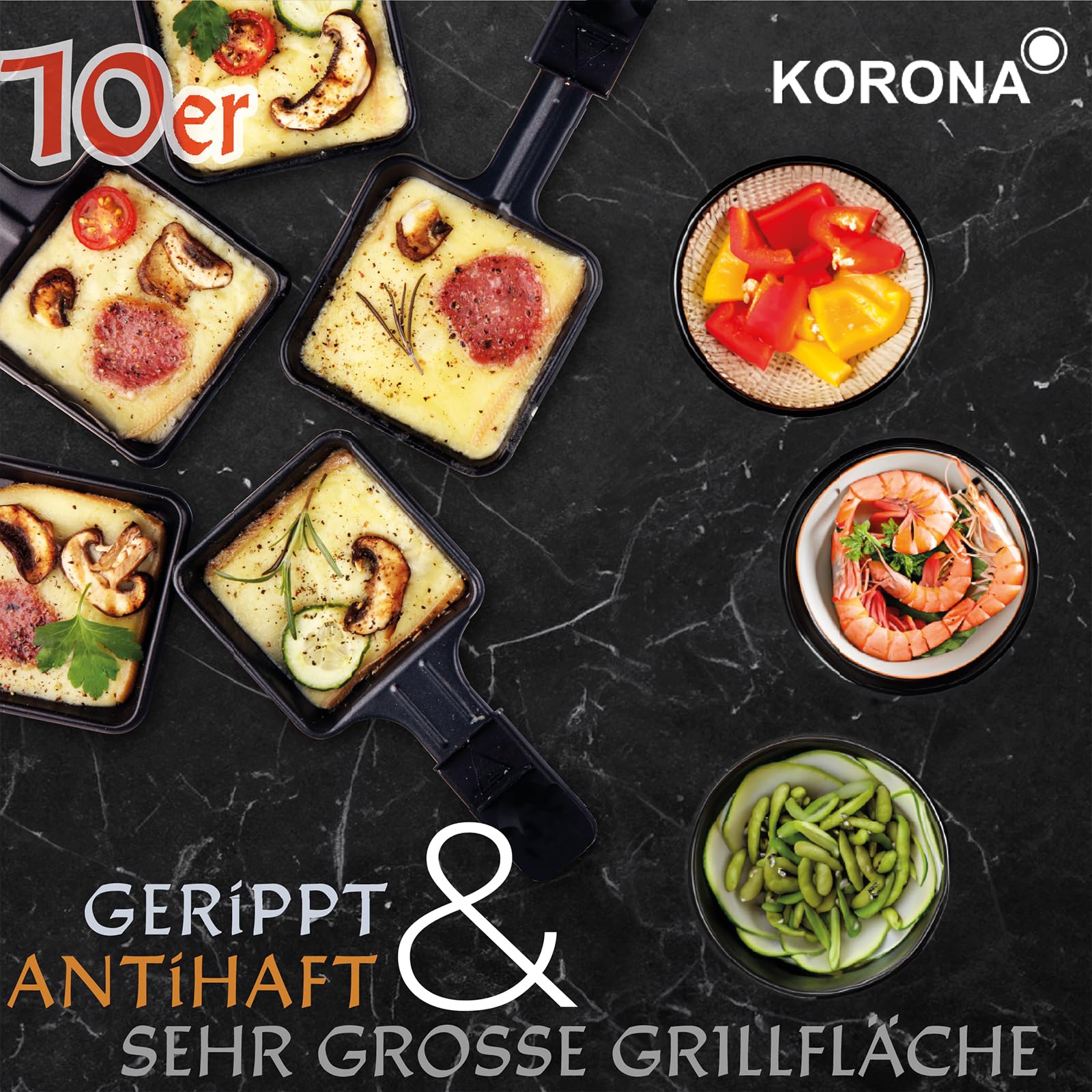 Korona 45060 Raclette per 10 persone | Raclette XXL con 10 padelle e spatole in legno | piastra antiaderente | cavo lungo 1,2 m | 1500 Watt, nero