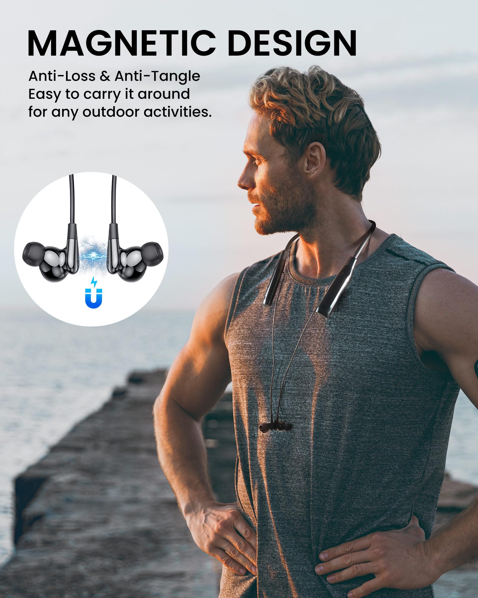 LAMA Bluetooth 5.3 hoofdtelefoon, sport, oortjes, 120 uur speeltijd, ruisonderdrukking, IPX6 waterdicht, draadloos, in-ear headset met microfoon, nekbeugel, magnetische oordopjes, zwart