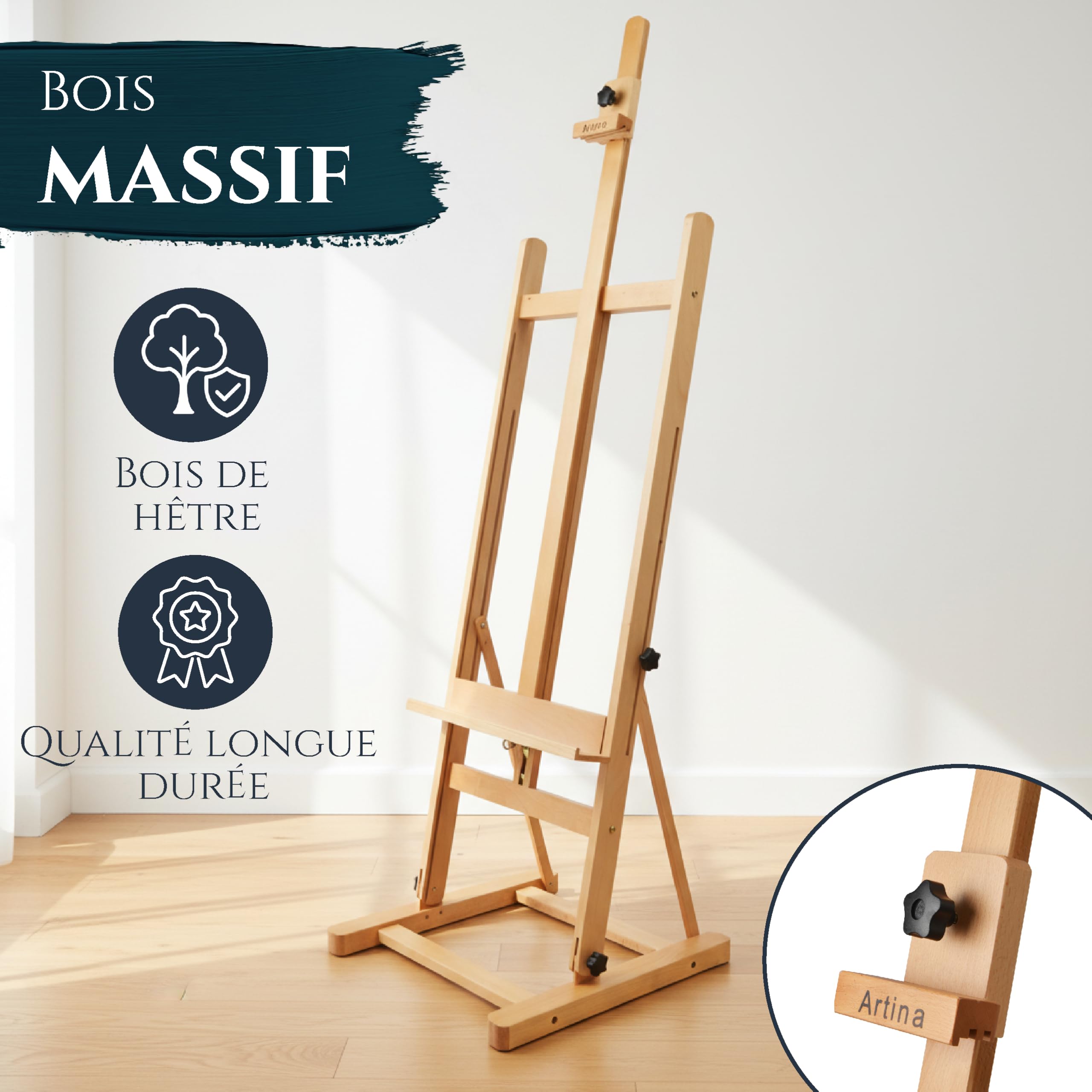 Artina chevalet bois massif hêtre huilé pour toiles jusqu'à 125cm grand