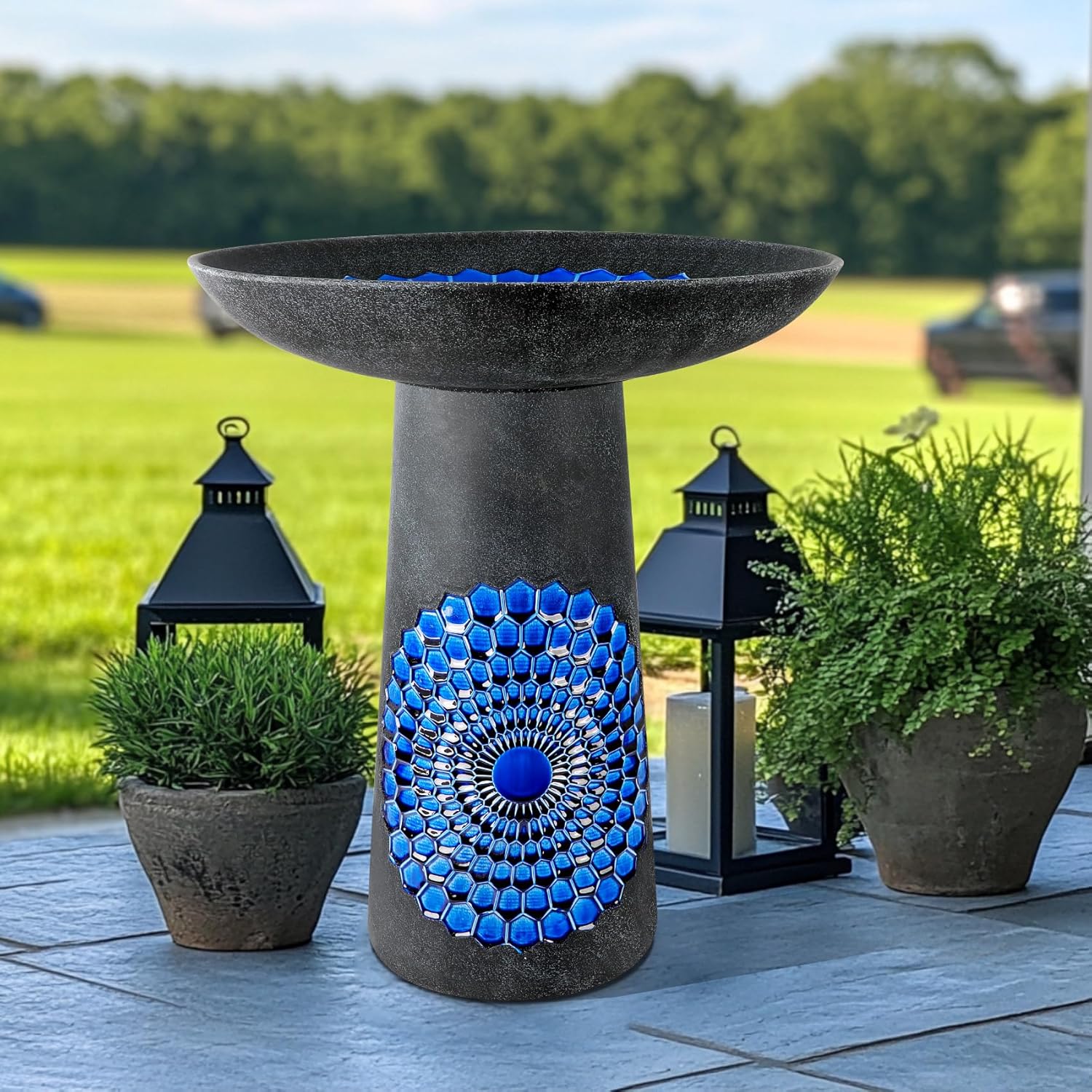 Ceramic Bird Bath for Outdoor, 21.5 Inch Height Heavy Duty Bird Bath for Outside, Garden and Patio Décor - Diamond Blue