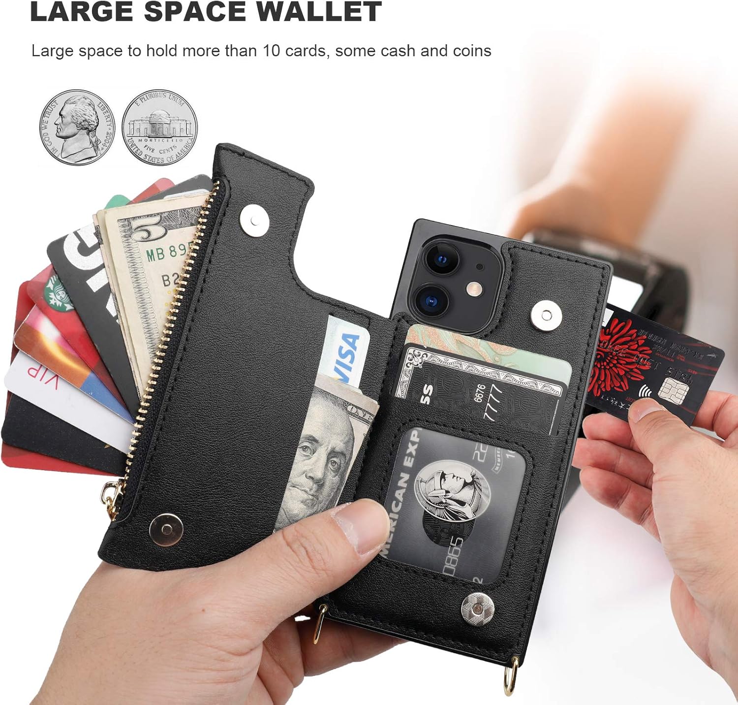 Bocasal Crossbody Wallet Case for iPhone 12 Mini with Card Holder,Zipper Card Slot Protector Shockproof Purse Cover with Removable Cross Body Strap 5.4 Inch(Black) - Image 4