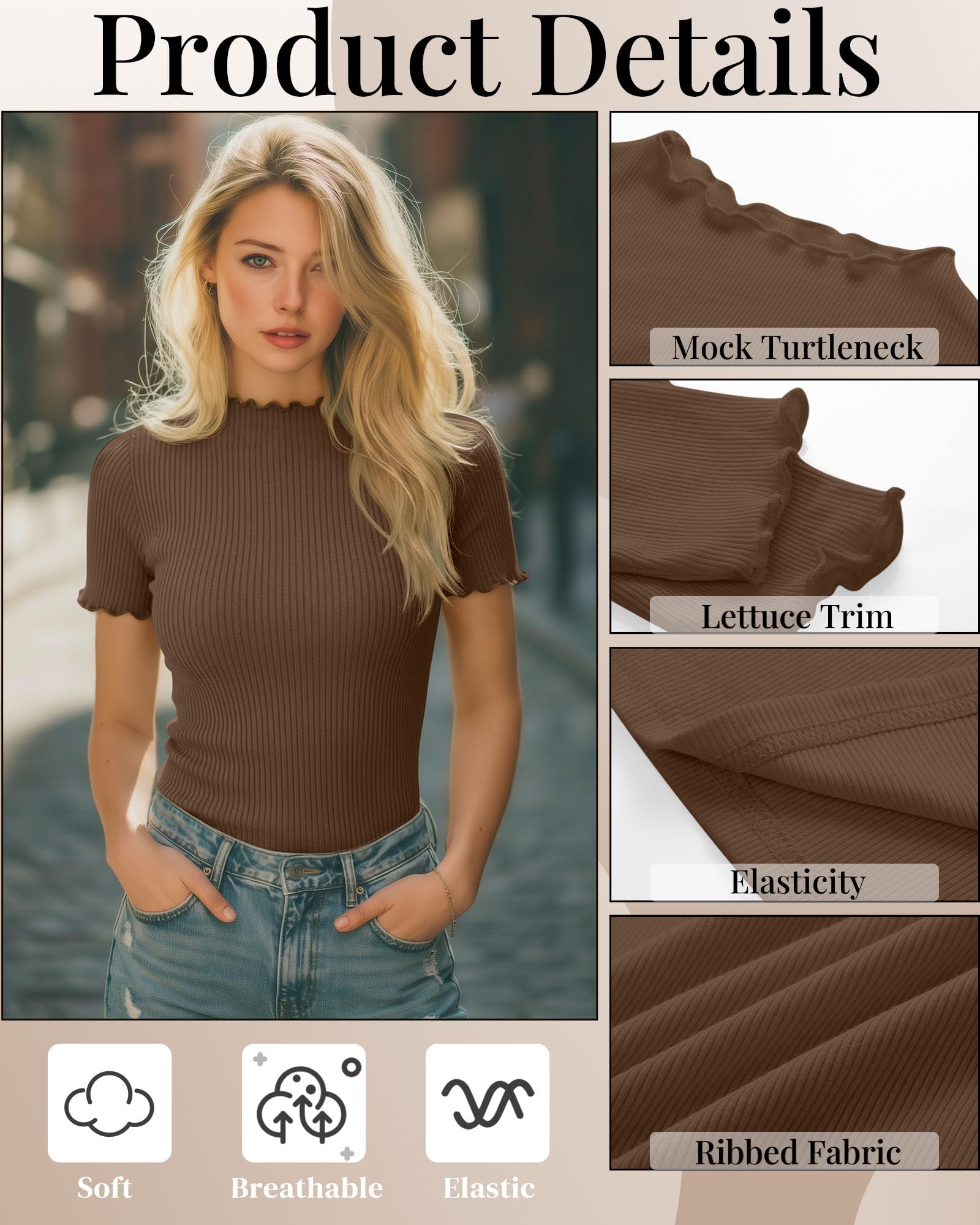Geyoga 3 Tops Mujer Cuello Perkins | Camiseta De Algodón De Manga Corta, Tejido Acanalado Y Borde Ondulado. Ajuste Ceñido Y Tejido Elástico.