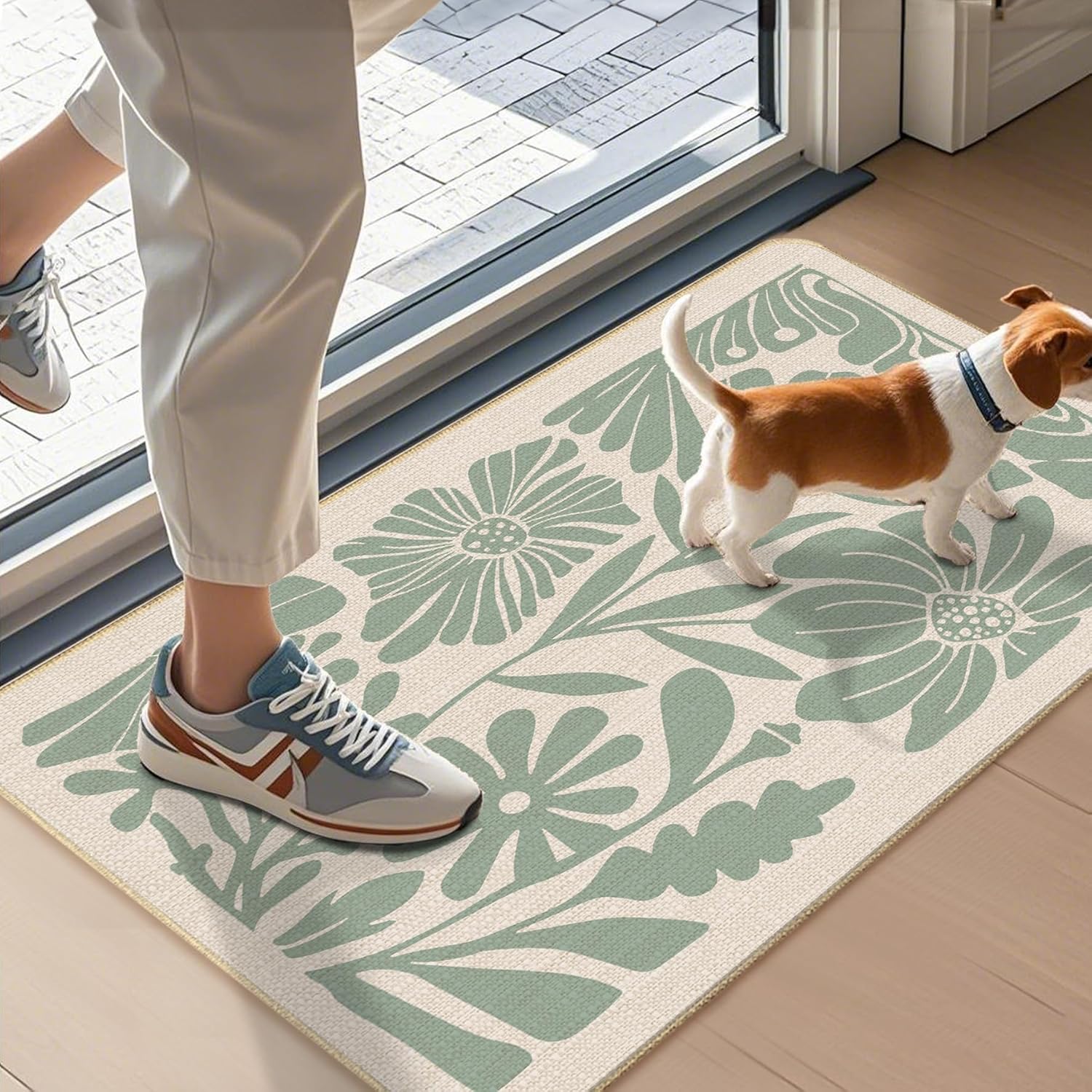 Boho Floral Door Mat, Modern Abstract Sage Green Flower Welcome Doormat for Front Door Indoor Outdoor Entrance, Boho Floral Bath Mat for Bathroom, 17x30 Inches
