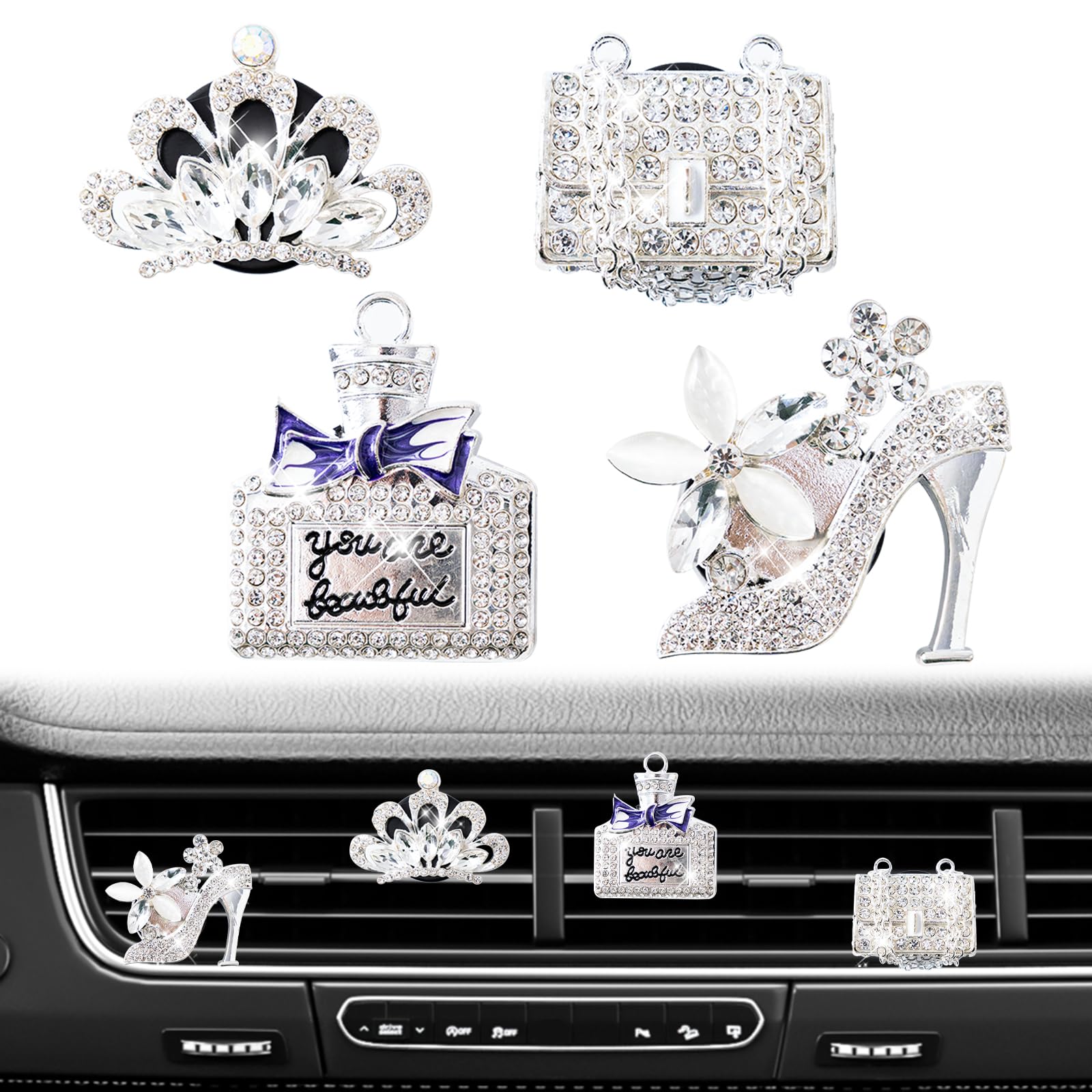 Rislobx 4PCS Bling Air Freshener Vent Clip, Crystal Diamond High Heel Shoe Bag Crown Perfume Bottle Car Diffuser Vent Clip Cute Bling Accessories
