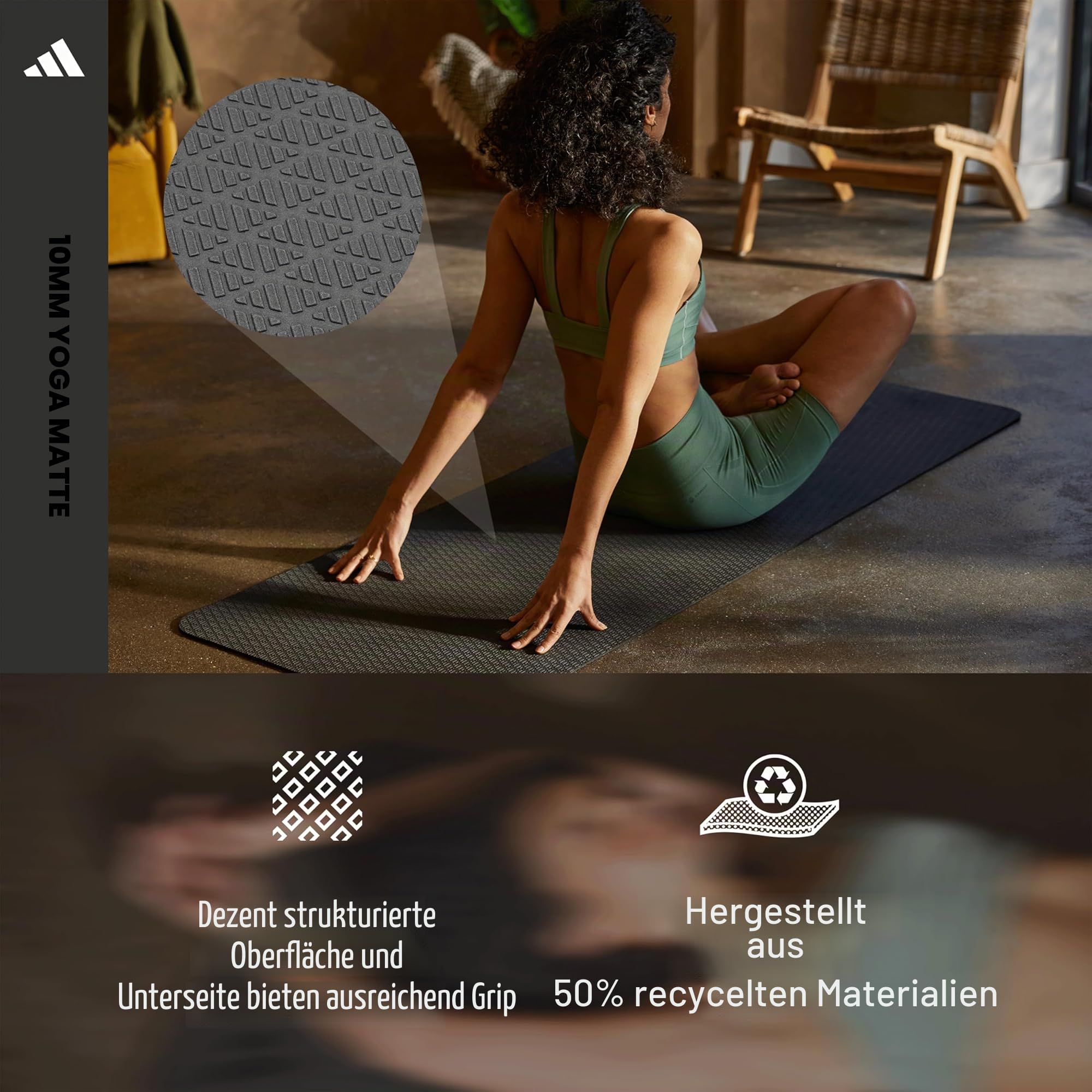 Adidas Yogamatte aus 50% recyceltem Material frei von PVC - rutschfeste und strukturierte Oberfläche (176 x 61 cm) für den perfekten Halt beim Yoga in 4mm / 6mm / 10mm