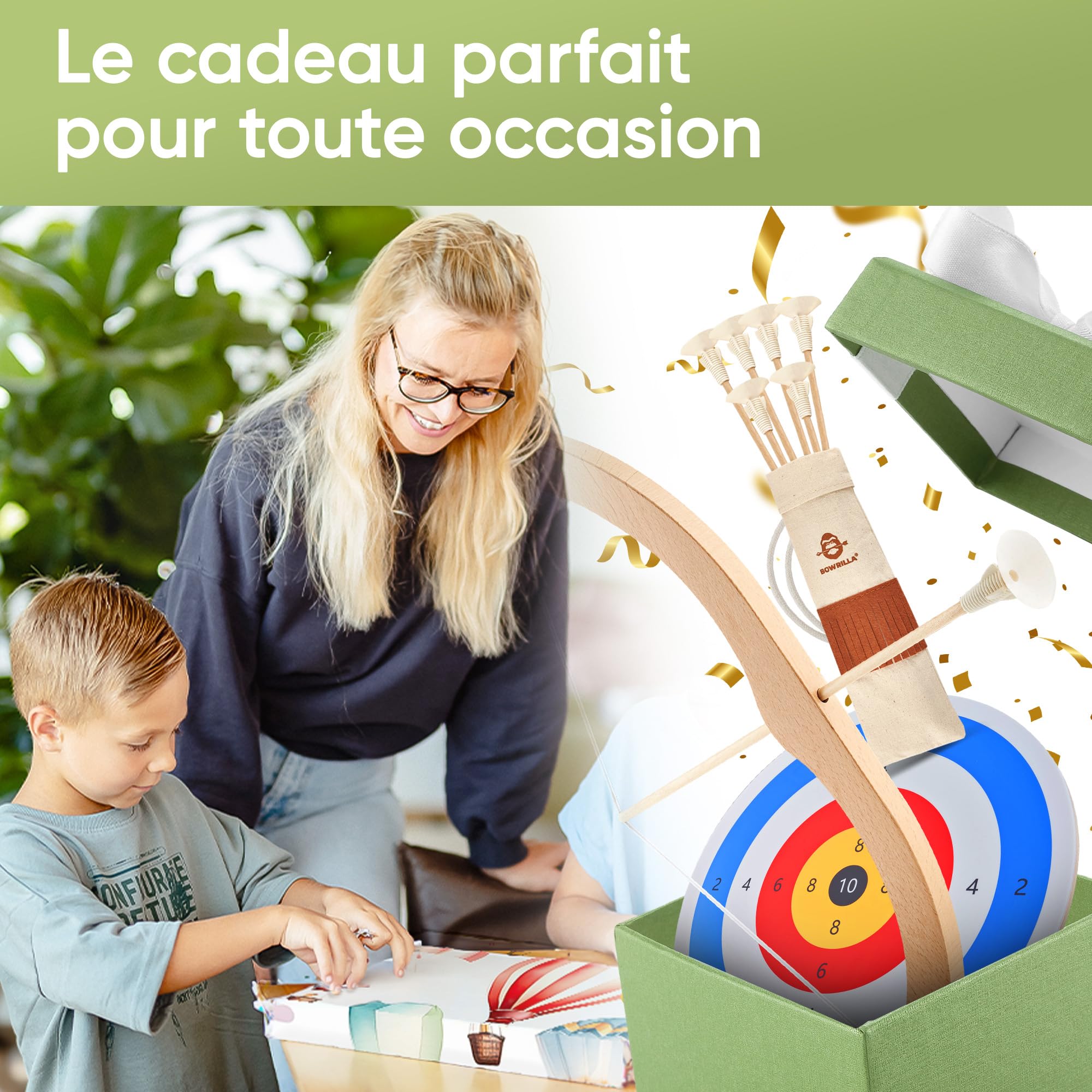 BOWRILLA® Arc et flèches en bois pour enfants avec 6 flèches à ventouse, cible en bois et carquois | Jouet de tir à l'arc ambidextre pour enfants à partir de 3 ans