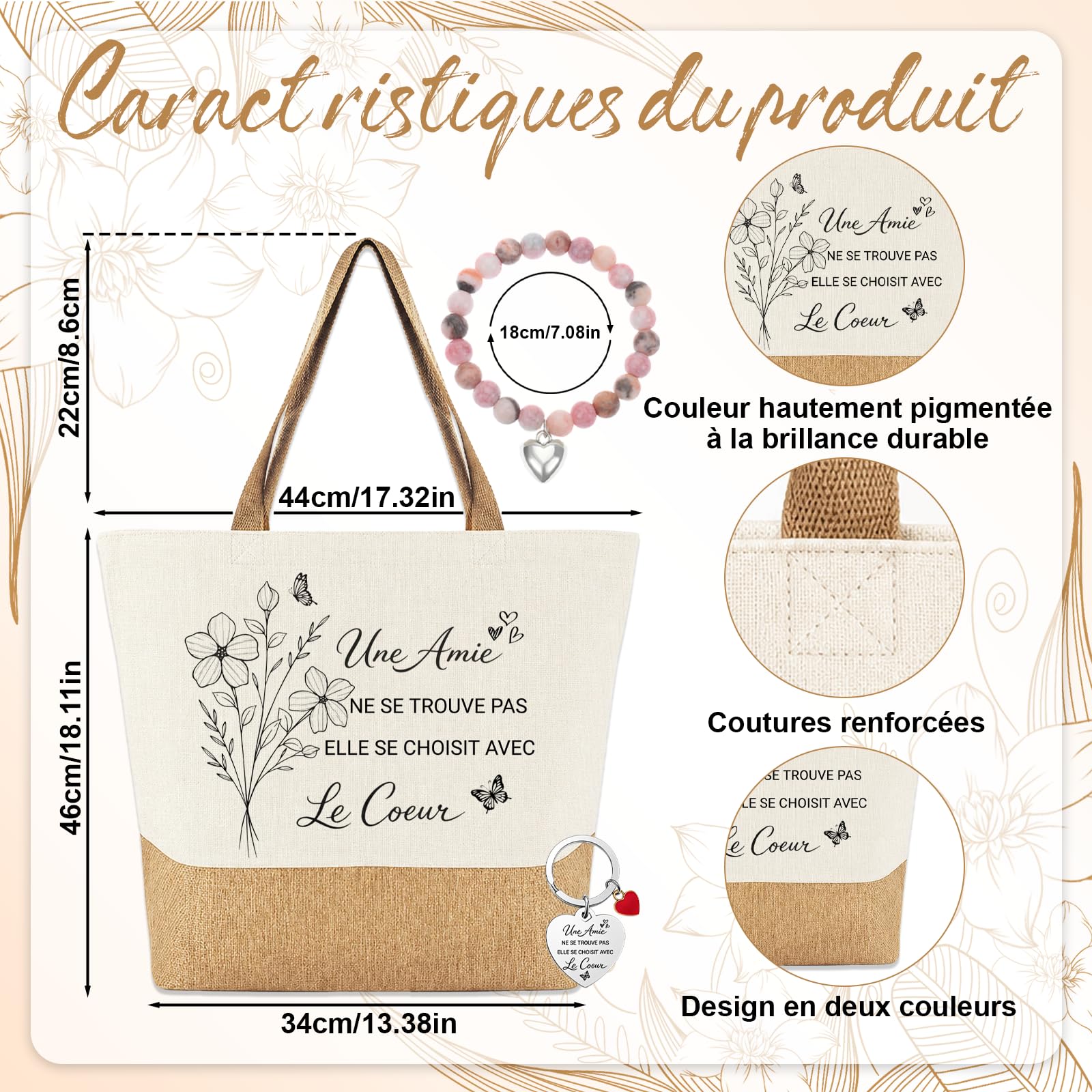 Cadeau Meilleure Amie Tote Bag Sac en Toile Jute Cabas avec Porte-Clés et Bracelet