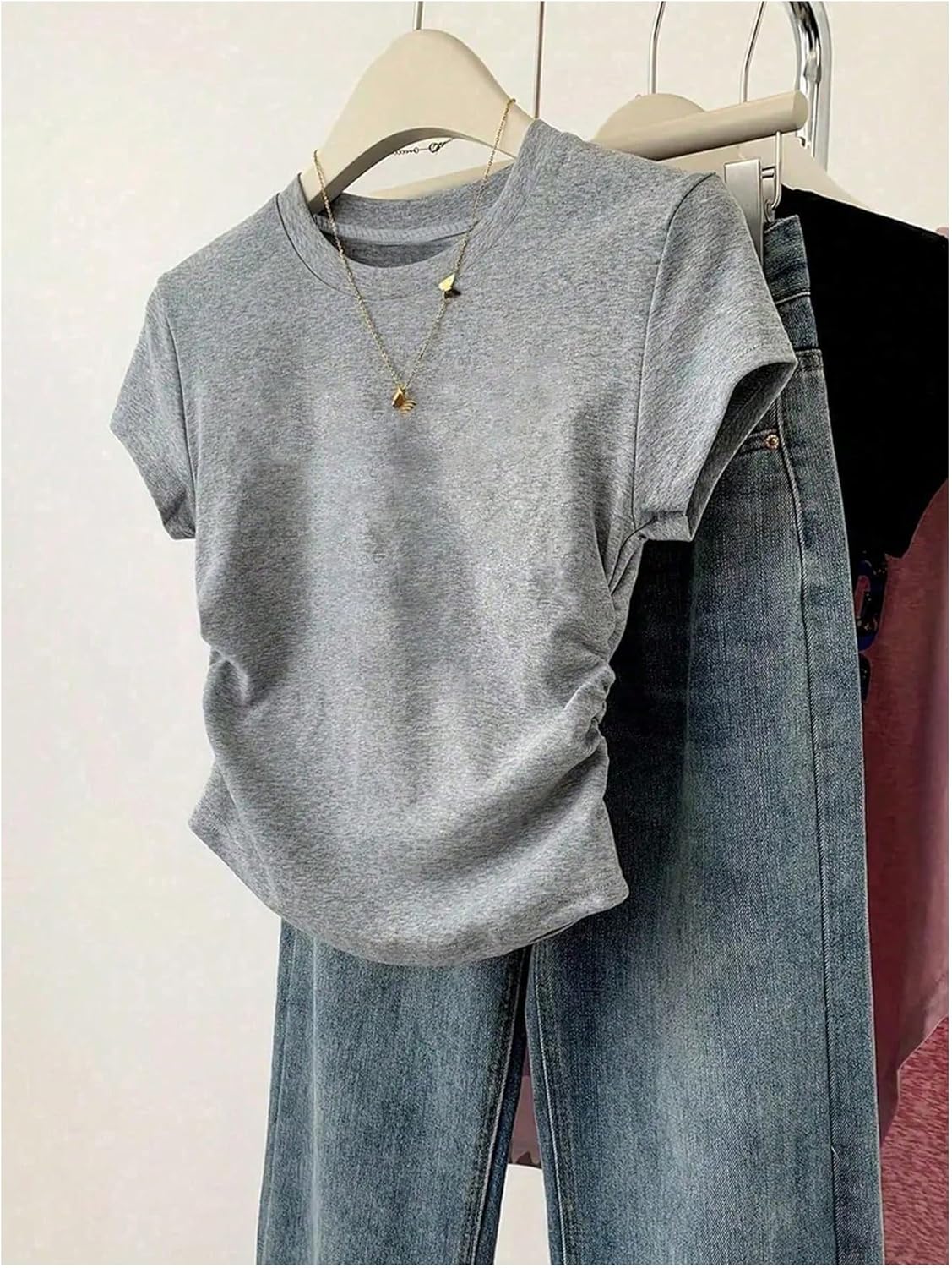 OYOANGLE Girl's 3 Pack Cute Short Sleeve Ruched Tops Crew Neck Slim Fitted Plain T Shirts Summer Tees - Image 4