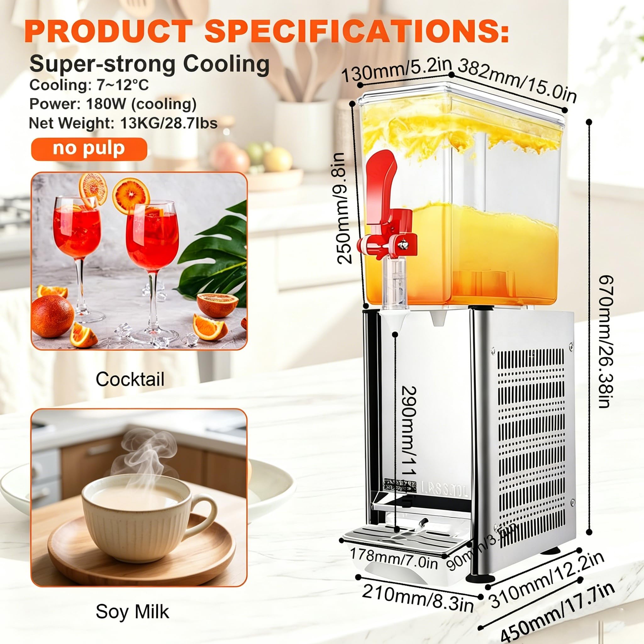 Distributore di bevande, distributore di bevande refrigerate commerciali con controllo termostato, dispenser per succhi di frutta, punch e limonata in acciaio inossidabile, 1-4 serbatoi