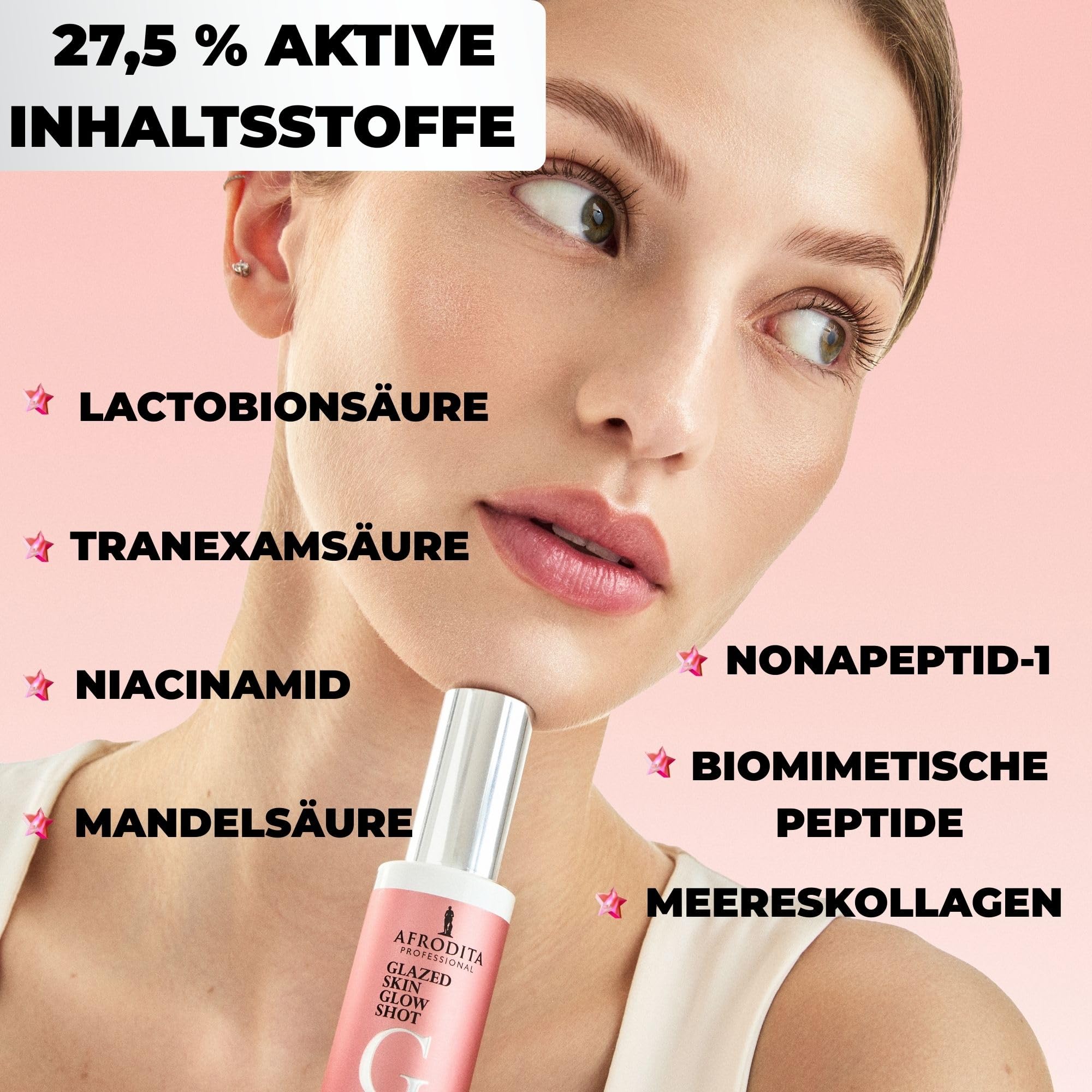 Afrodita Professional Glazed Skin Glow Shot Gesichtsserum, Glow Konzentrat mit Niacinamid, Peptiden, Mandel- und Lactobionsäure, für strahlende, ebenmäßige Glass Skin Optik, 30 ml