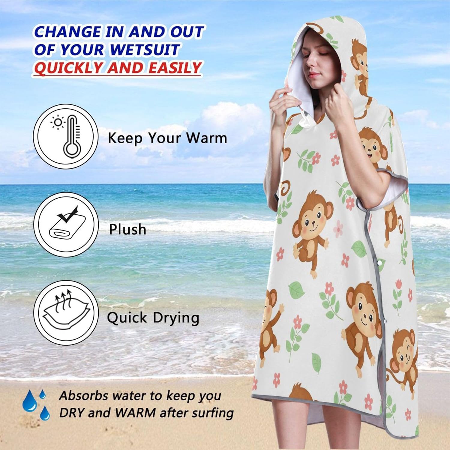 Reusable Surf Poncho for Adult Changing Robe Hooded Beach Towel Print Cute Cartoon Monkeys Adult Ponchos for Women One Size
