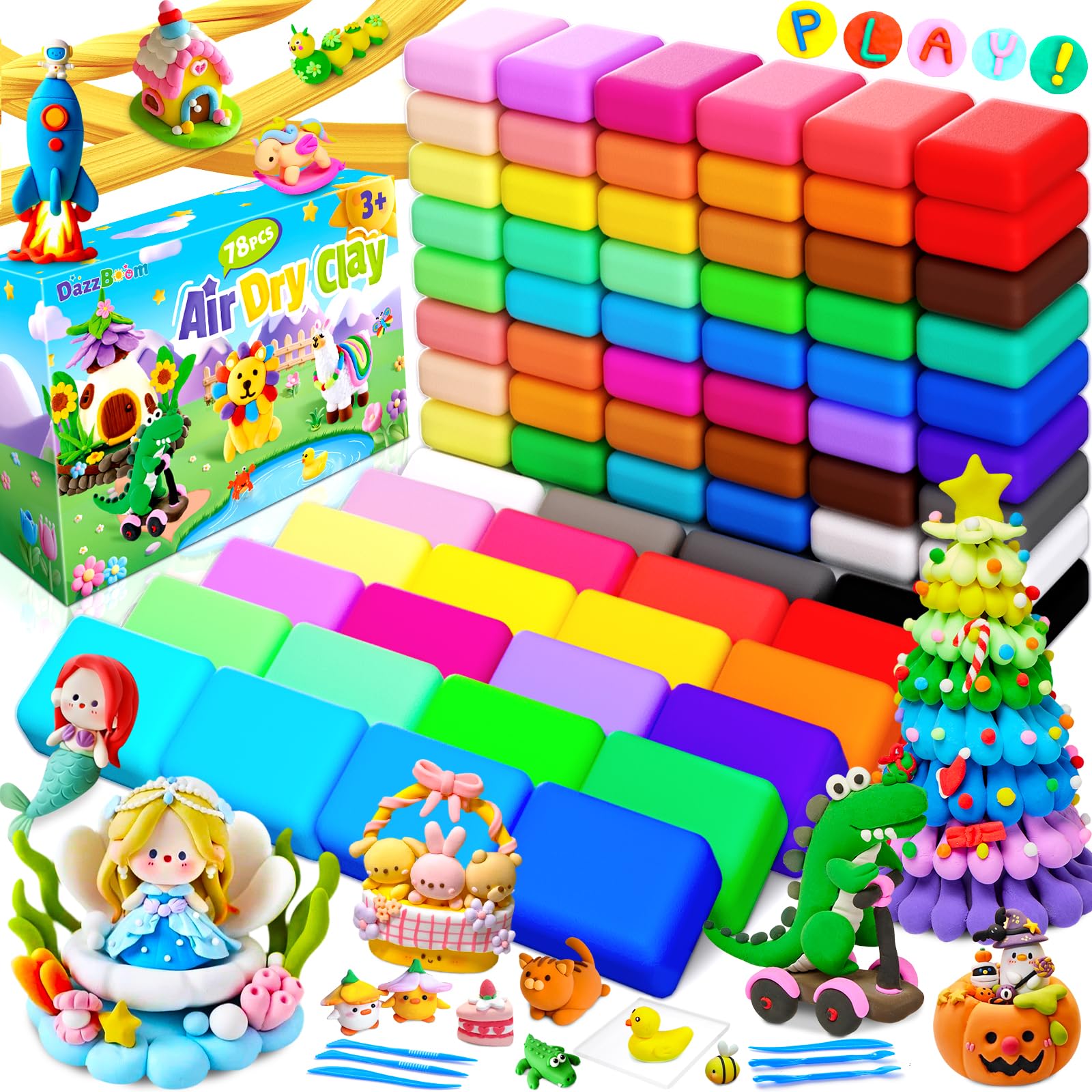 DazzBoom 78 Beutel Knete, 36 Farben Modelliermasse Lufttrocknend mit 6 Werkzeugen,Geschenk für Jungen und Mädchen