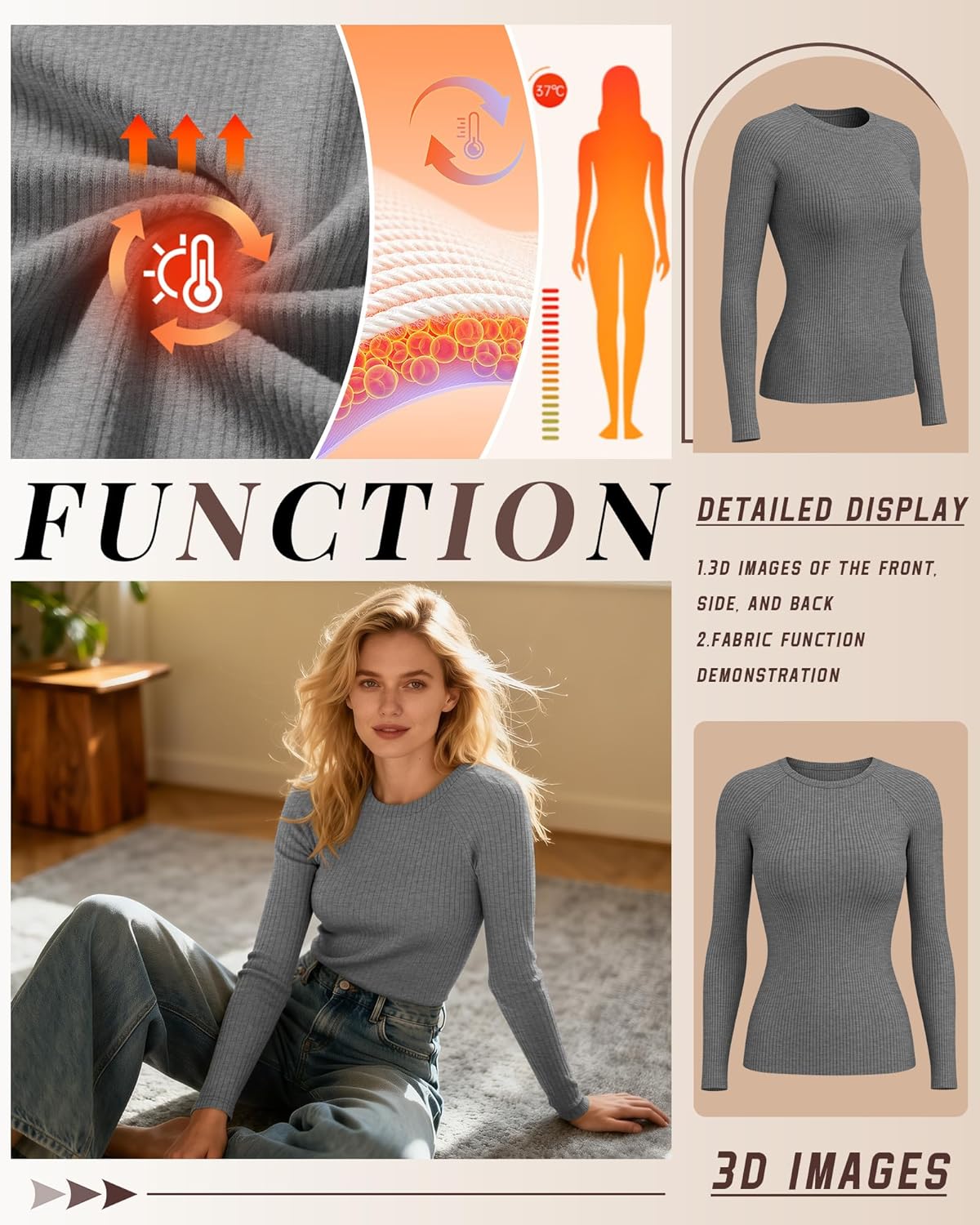 4 Pack Women's Ribbed Long Sleeve Shirts, Cotton Crew Neck Thermal Tops Slim Fit Undershirts Layering Tee Shirts - Image 3