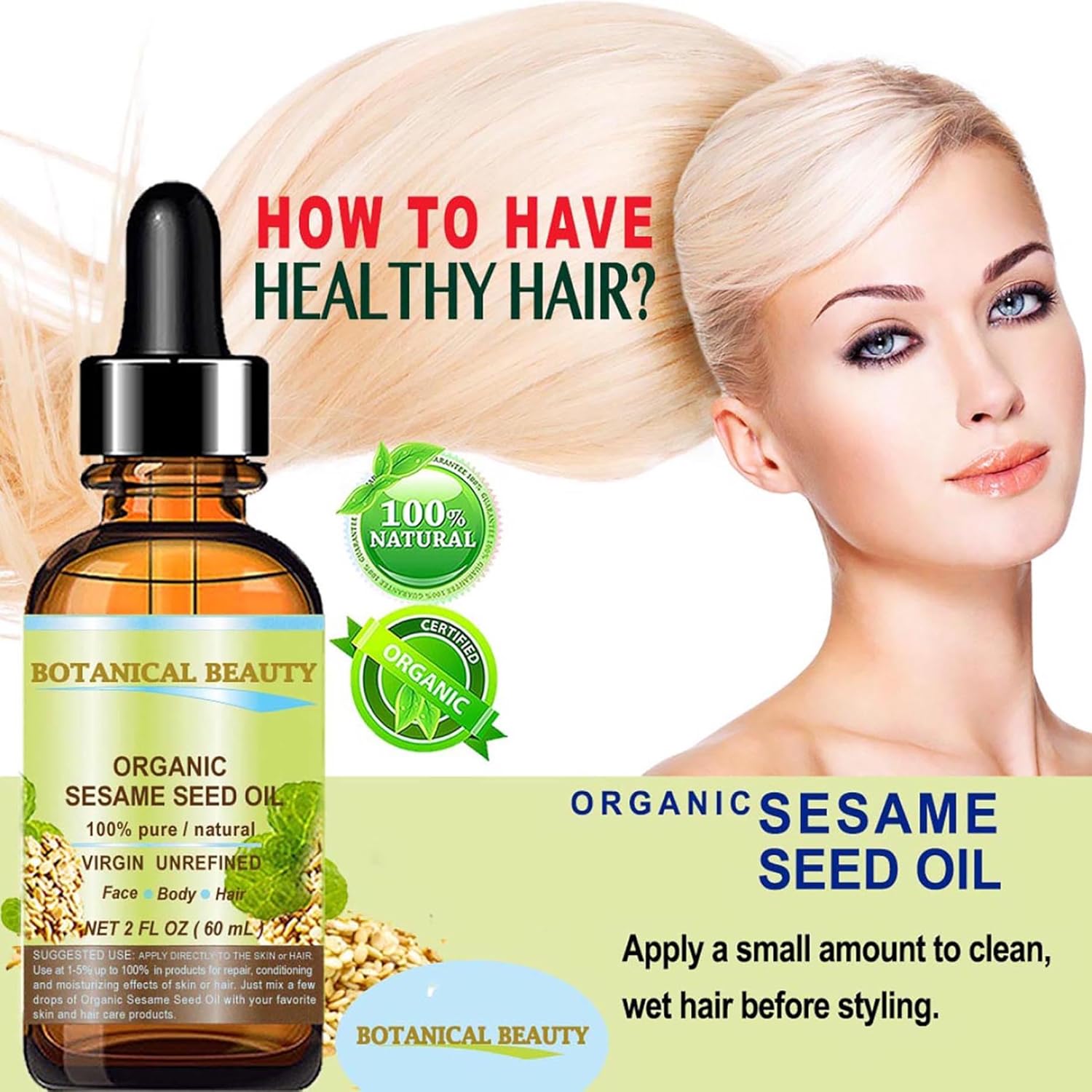 Organic SESAME SEED OIL 100% Pure Natural Virgin Unrefined Undiluted Cold Pressed Carrier Oil for Face, Skin, Body, Hair, Massage, Nails. 2 Fl. oz - 60 ml by Botanical Beauty - Image 5