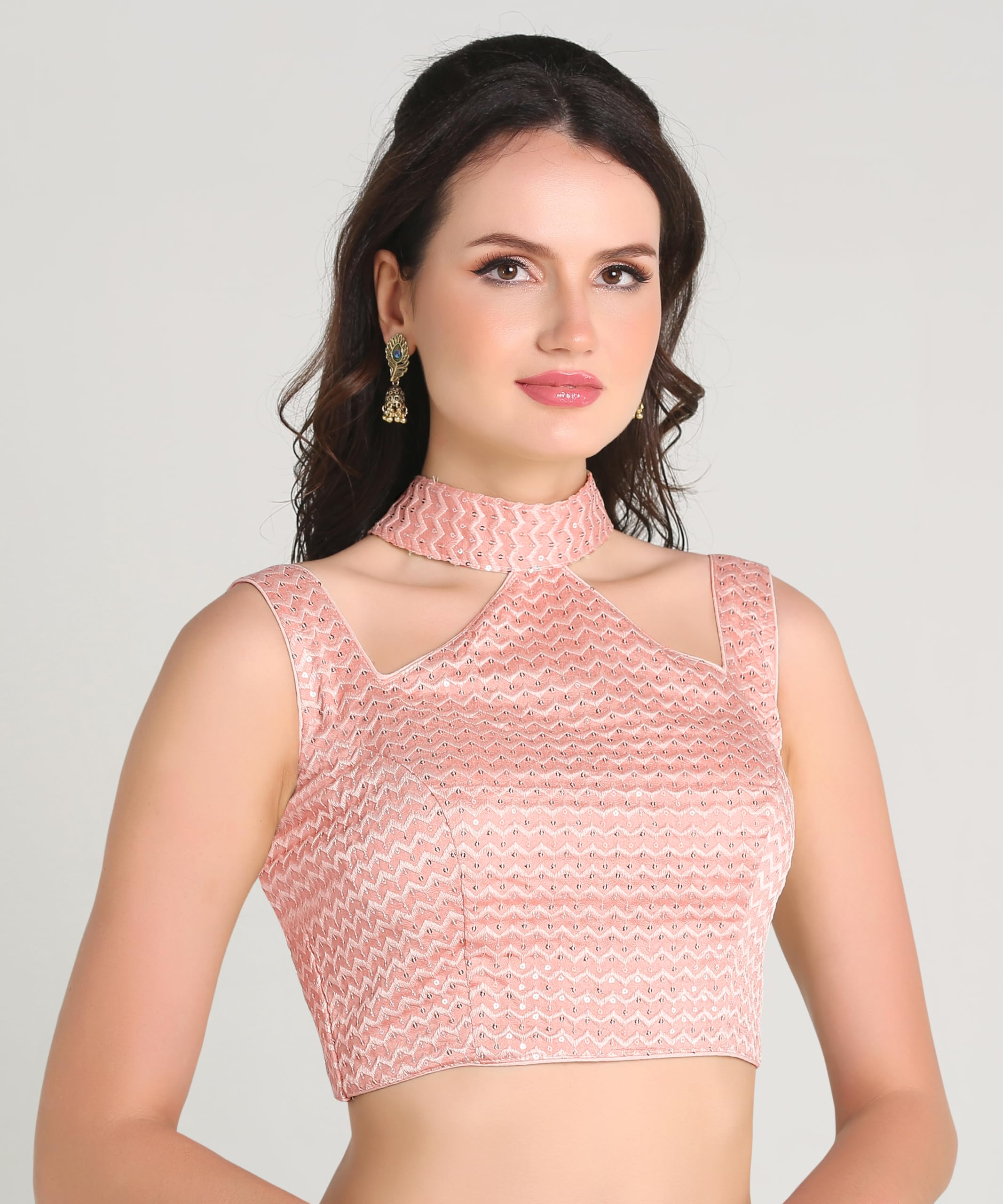 Pujia Mills Woman's Readymade Sleeveless Peach Blouse Halter Neck With String Pattern Backless Ethnic Wear Pattern Choli Blouse