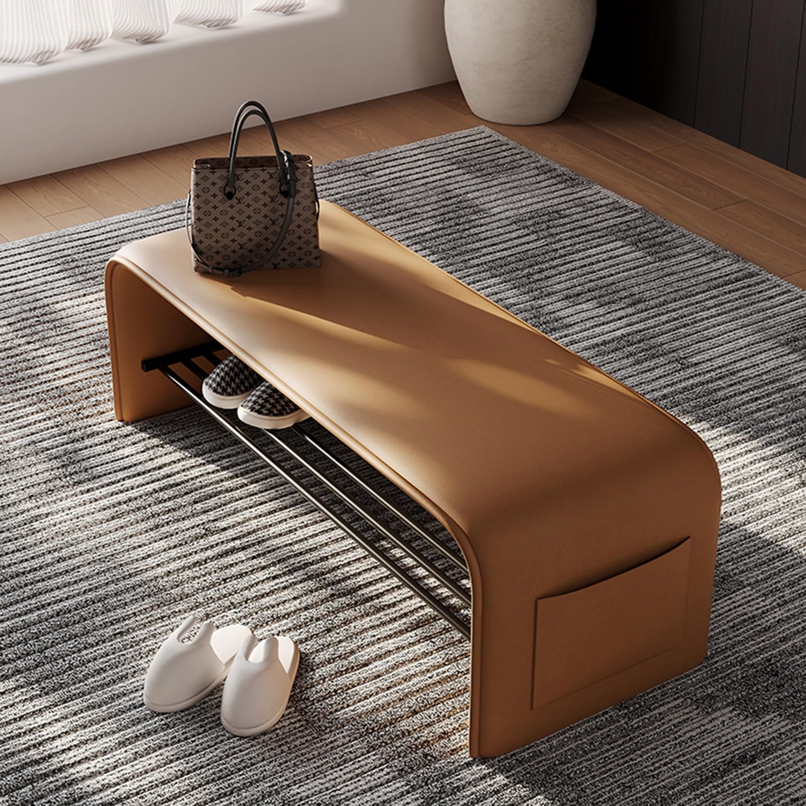 KLGFBDC Industrial Shoe Bench with Cushioned Seat Metal Storage Organizer for Entryway Bedroom Living Room Hallway – Stylish Orange Shoe Rack for End of Bed or Closet