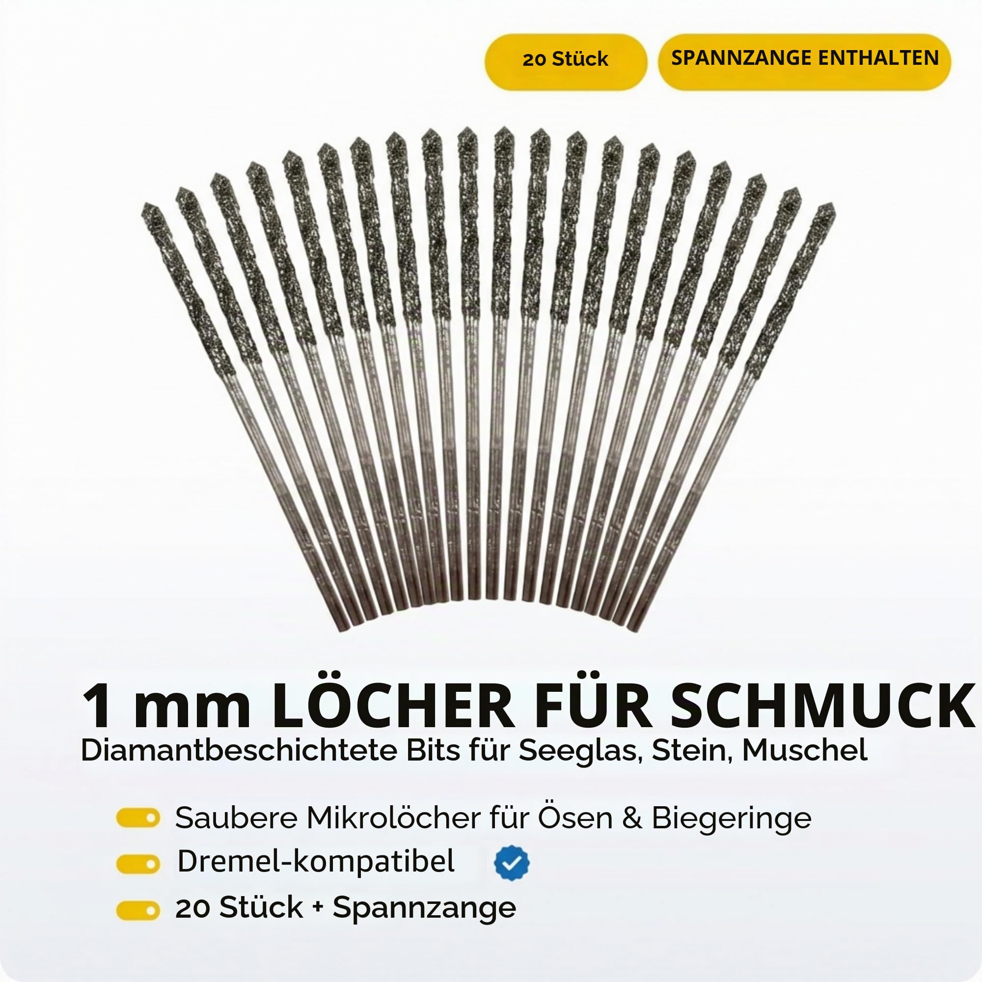 Drilax 1mm Diamantbohrer Set – Diamantbeschichtete Mikro Bohrer für Schmuck, Glas, Muscheln, Edelsteine & Meerglas – 20 Stück Feinbohrer Kit