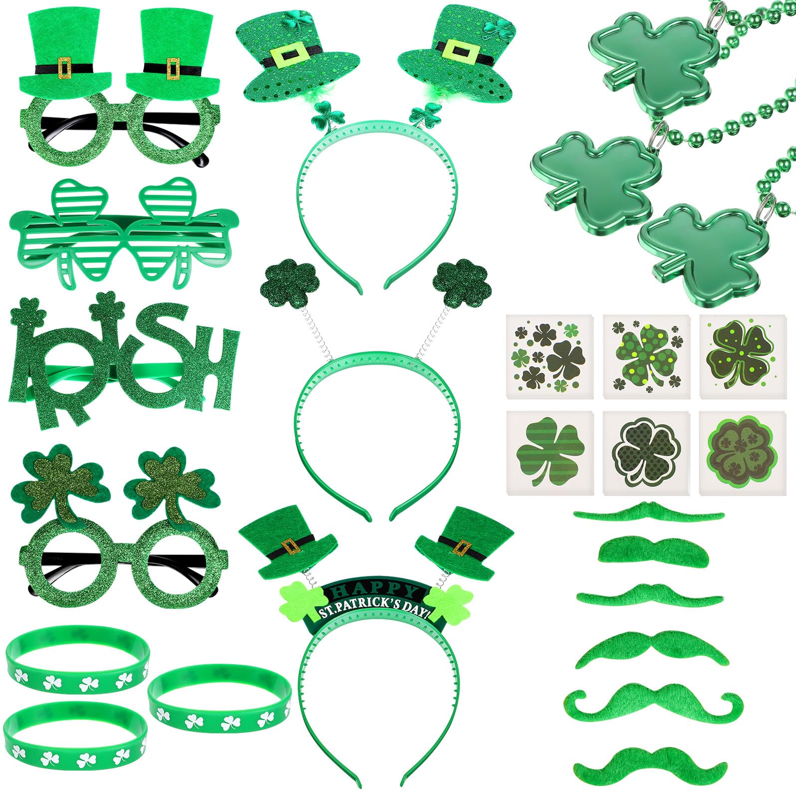 ERINGOGO Kit 91 Pezzi Accessori per Festa San Patrizio con Cerchietti, Occhiali, Collane e Braccialetti Trifoglio, Adesivi Decorativi e Baffi, Set Oggetti di Scena per Travestimenti