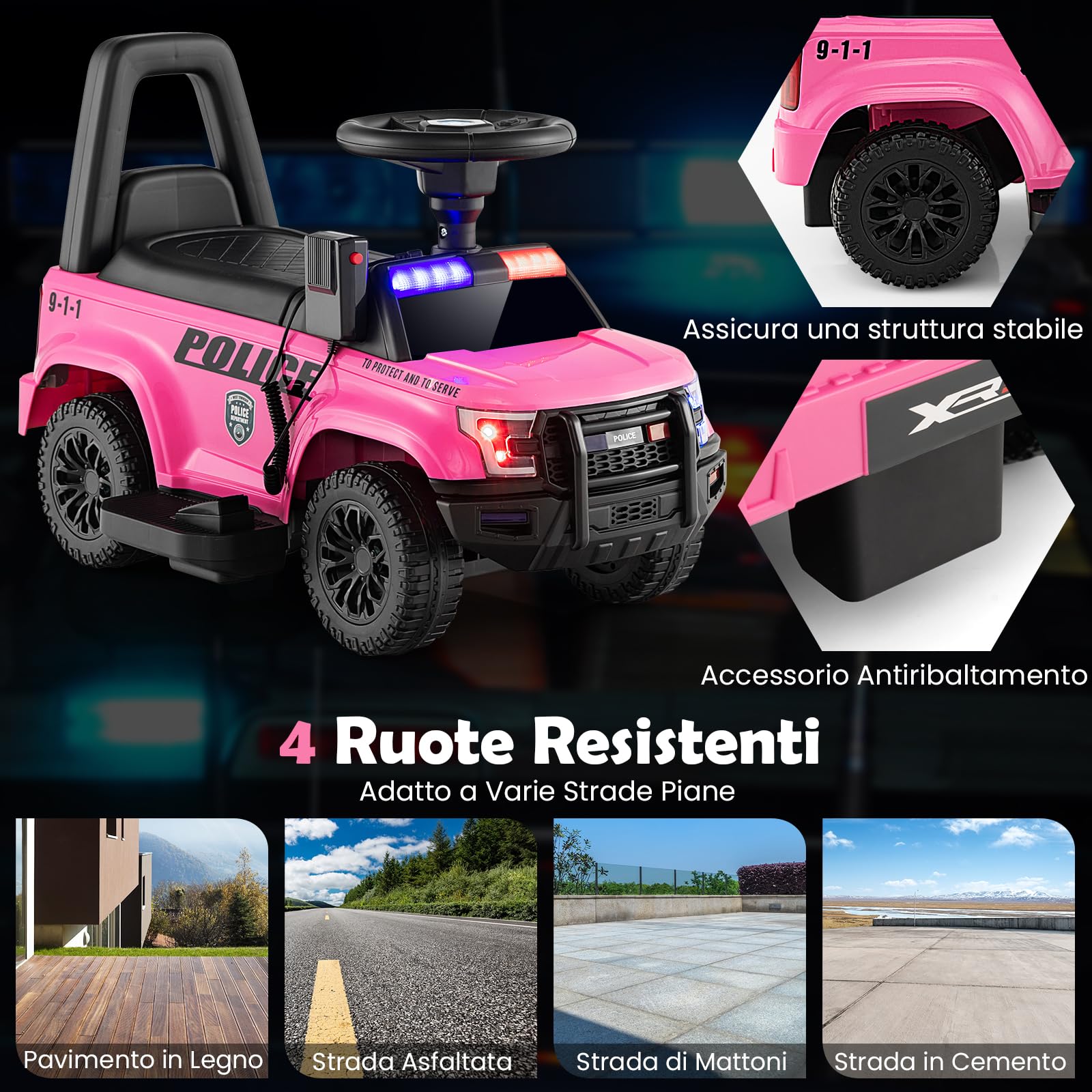 GYMAX Macchina della Polizia Alimentata a Batteria 6V con Megafono Sirene e Luci, Cavalcabile con Musica per Bambini e Bambine 18-60 Mesi (Rosa)