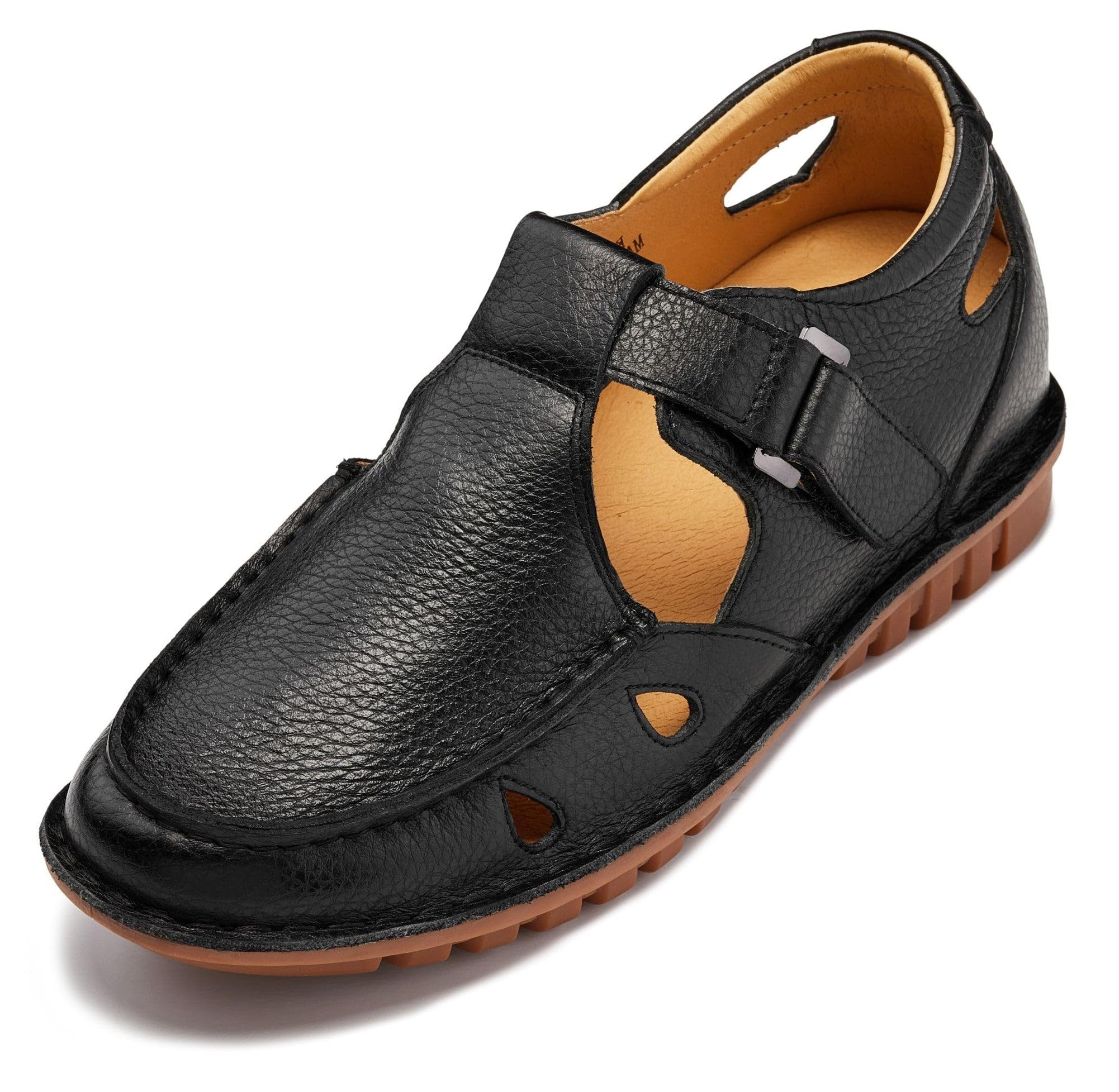 CALTO Men's Invisible Height Increasing Elevator Shoes - Black Premium Leather Lightweight Casual Fisherman Sandals - 2.8 Inches Taller - K0751 - Size