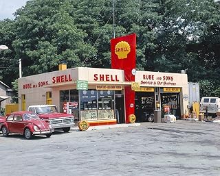 1970s Shell Gas & Service Station With Classic Cars - Vintage Art Reproduction, Wall Décor (20x30 inches) - Glossy Laminated Poster with Bright Colors and Vivid Details.