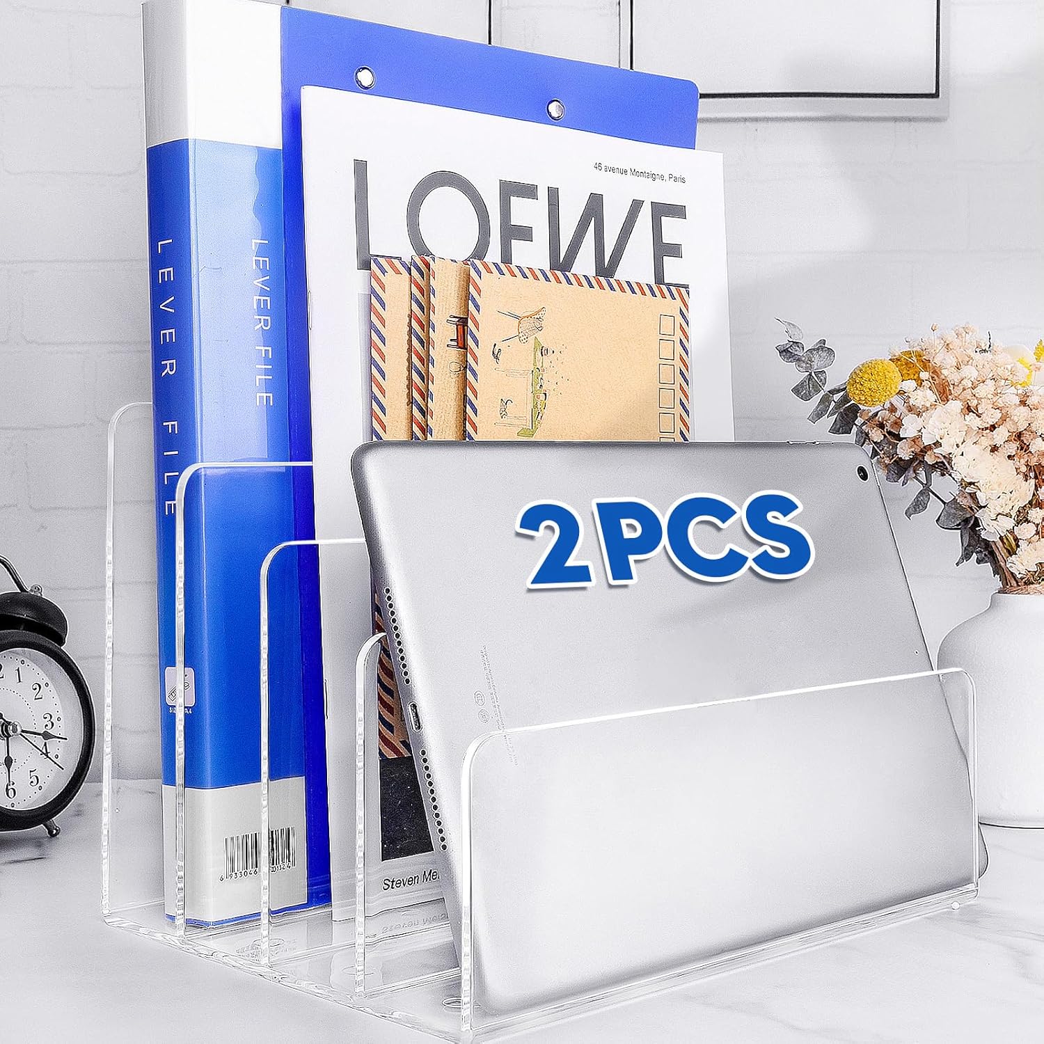 2PCS Clear Acrylic File Organizer for Desk, 4 Section Acrylic Desk Organizer and Accessories, Acrylic File Folder Holder Sorter, Office Supplies for Mail Letter Paper Electronic
