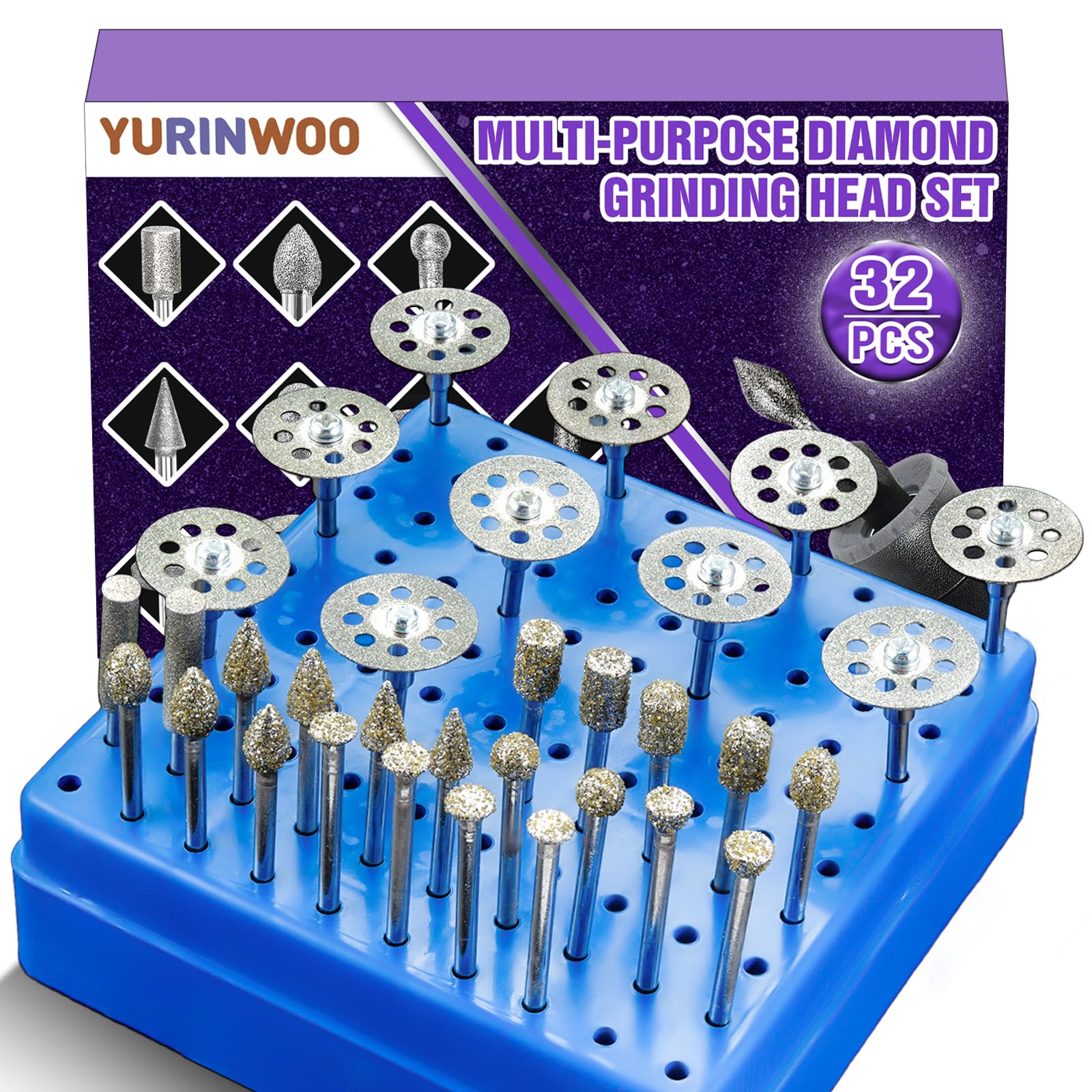 32Pcs Diamond Grinding Bit Set Grit 60, with 10 Diamond Cutting Wheel