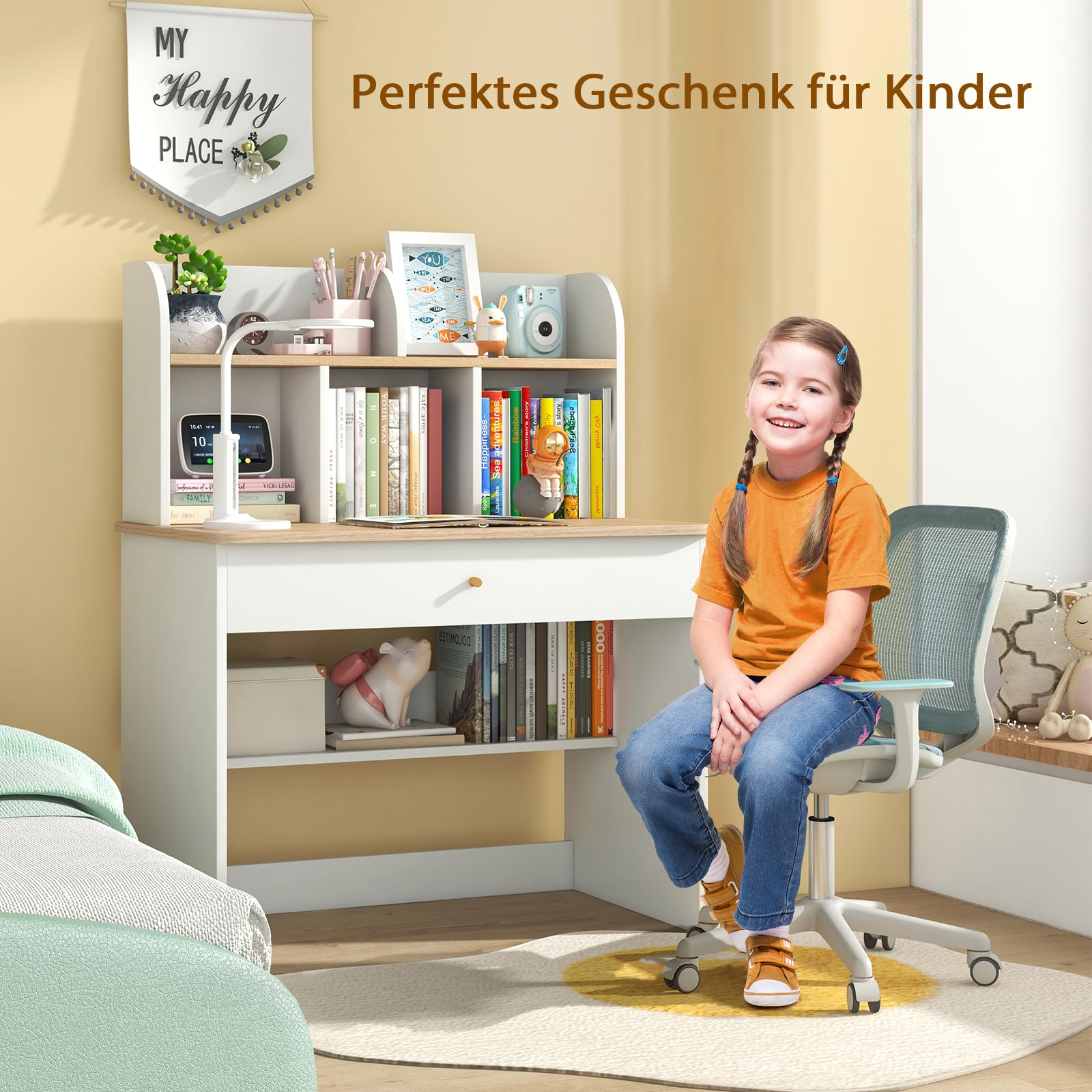 DREAMADE Schreibtisch Kinder aus Holz, Jugendschreibtisch mit Schublade & offener Ablagefächer & Regal, Schülerschreibtisch Kinderschreibtisch für Kinder ab 3 Jahren (Weiß+Natur)
