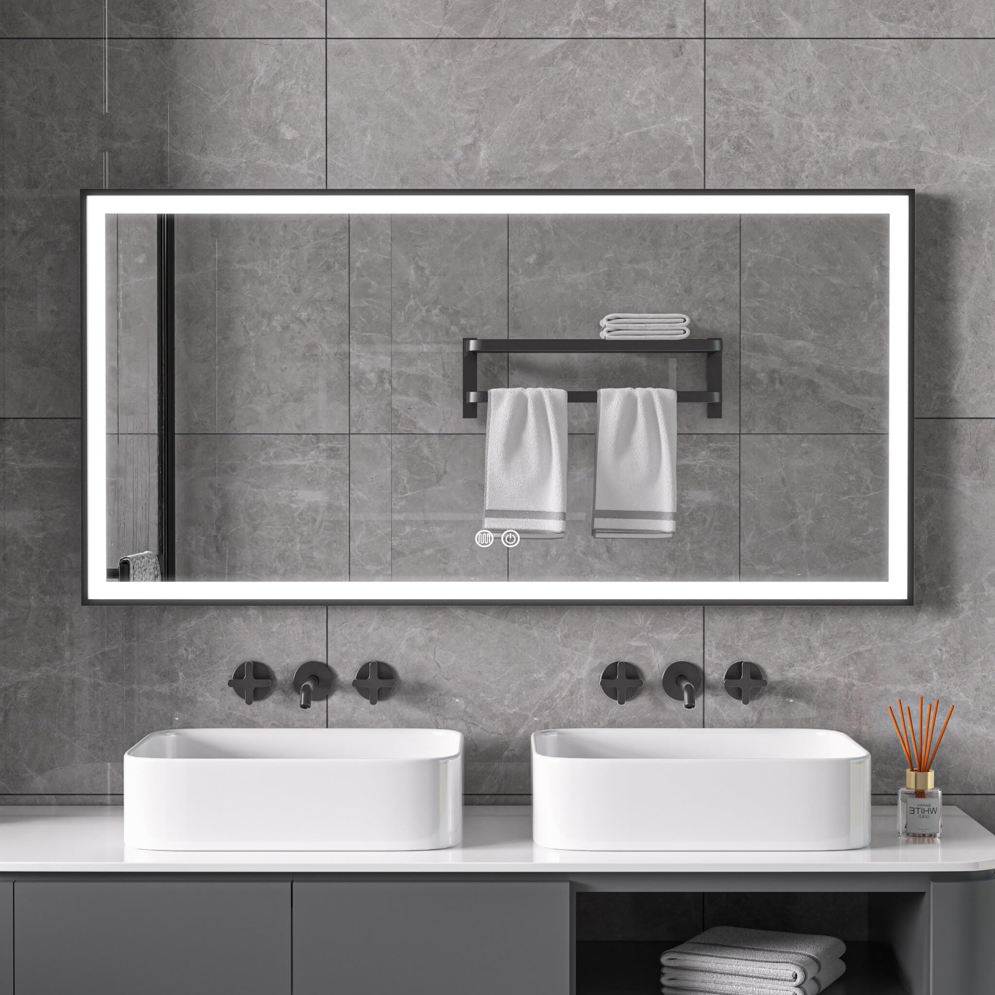Specchio con cornice nera, LED anti-appannamento, 60 x 120 cm