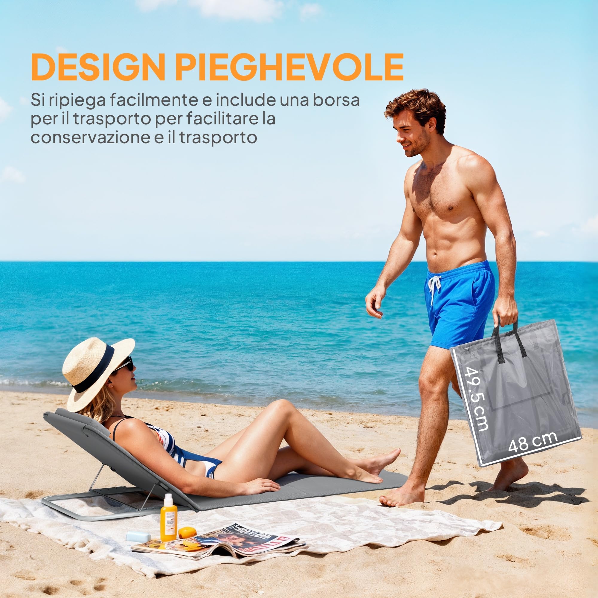 Outsunny Sdraio da Spiaggia Pieghevole 2 Pezzi con Schienale Regolabile, Acciaio e PE, 134x48x33-43 cm, Grigio