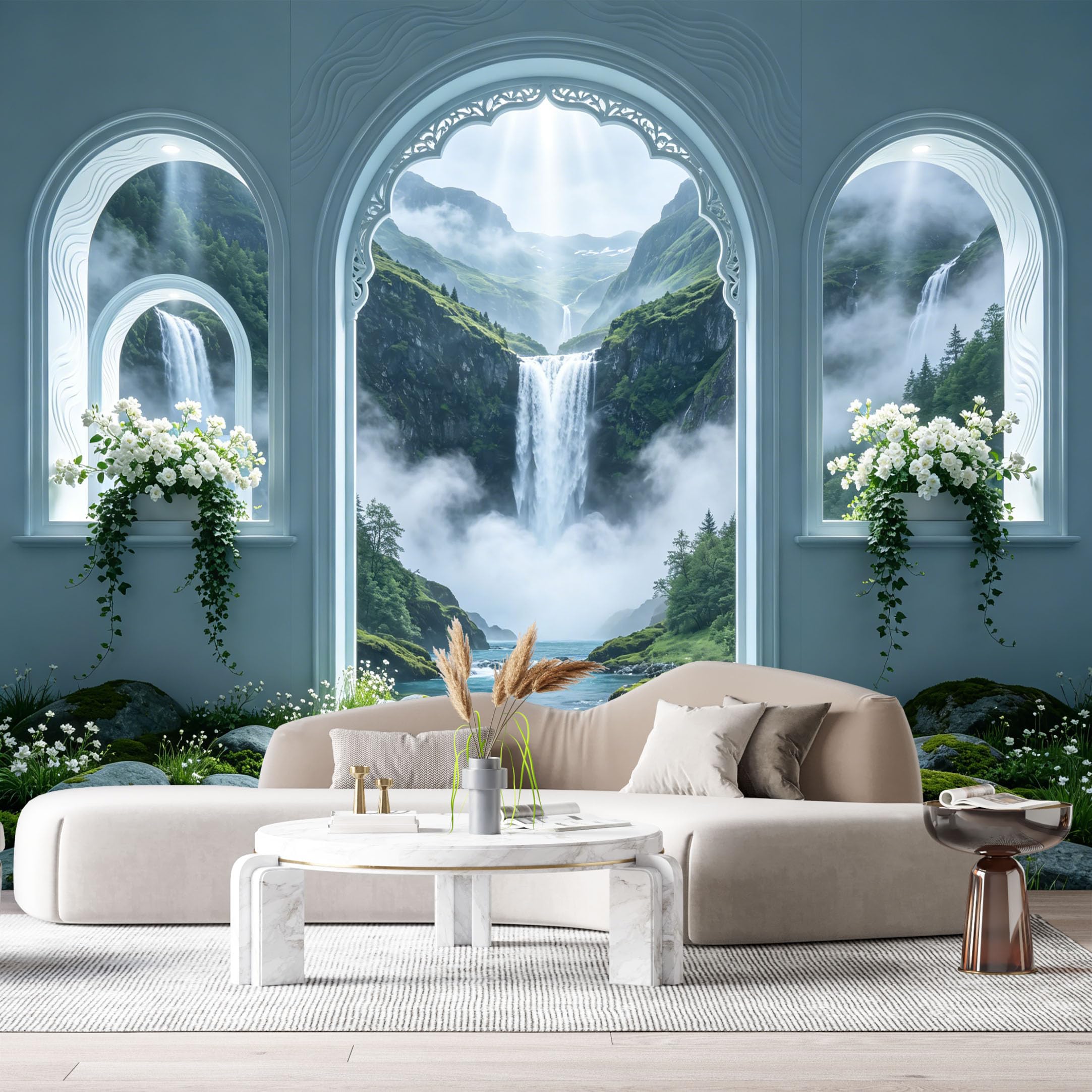 Custom Size Wall Murals Mountain Waterfall Misty Landscape Oil Painting 3D Trompe L'Oeil SelfAdhesiveWall Fabric Removable Wallpaper Wall Decor for Living Room Bedroom Bathroom