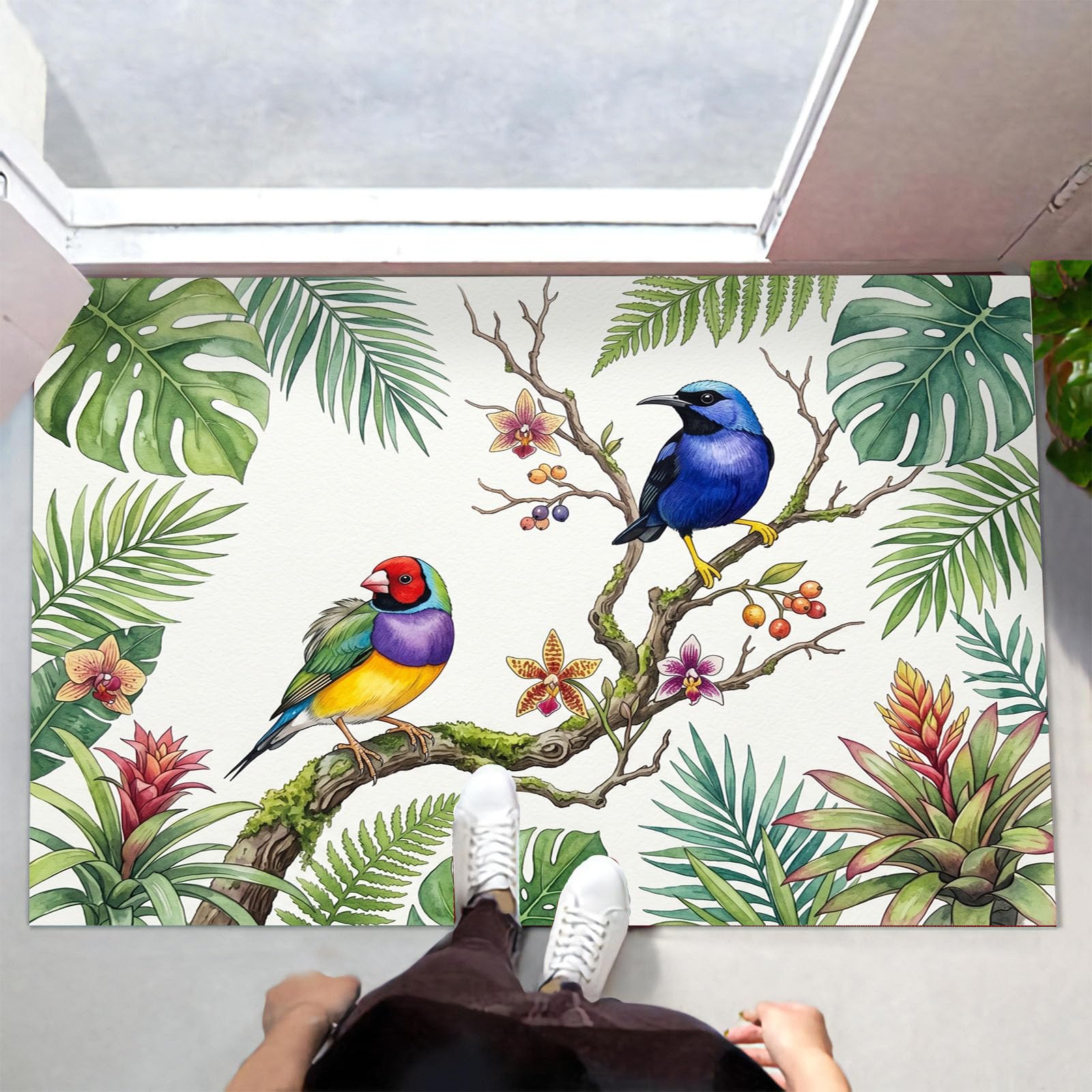 Zerbino Interni Foresta Tropicale 60X90Cm, Antiscivolo Lavabile, Tappeto Da Ingresso Uccello Ad Acquerello Naturale, Tappetino Pelo Basso Antipelo Per Porta D’Ingresso, Beige
