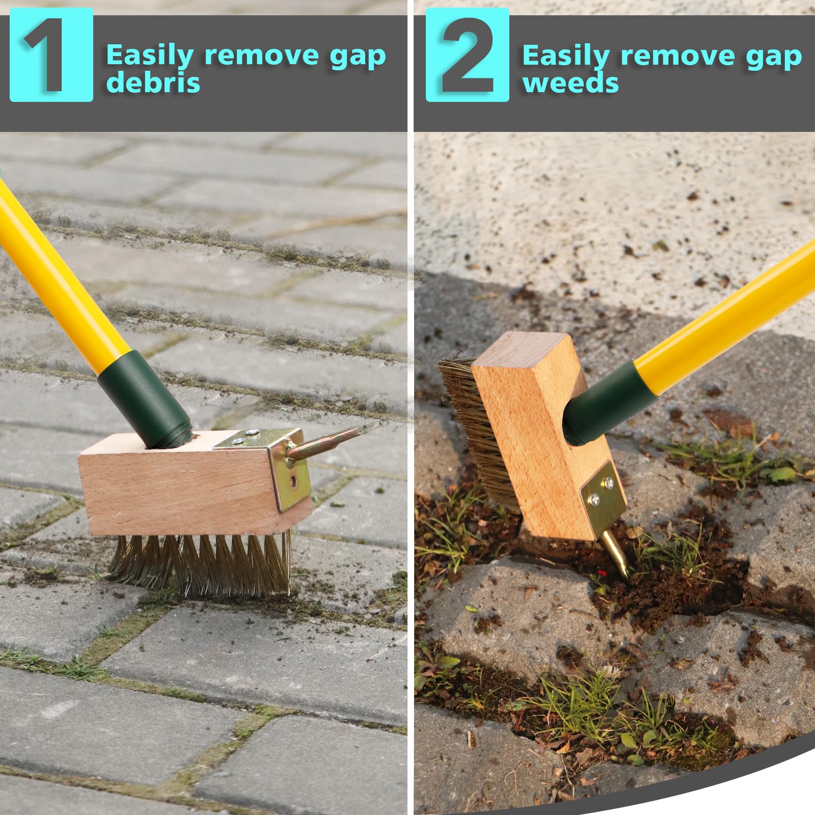 XSSIVE Cepillo extensible telescópico para jardinería con cerdas de alambre en ángulo, cabezales de repuesto y raspador de desmalezadora para eliminar malas hierbas, musgo y algas de patios, entradas