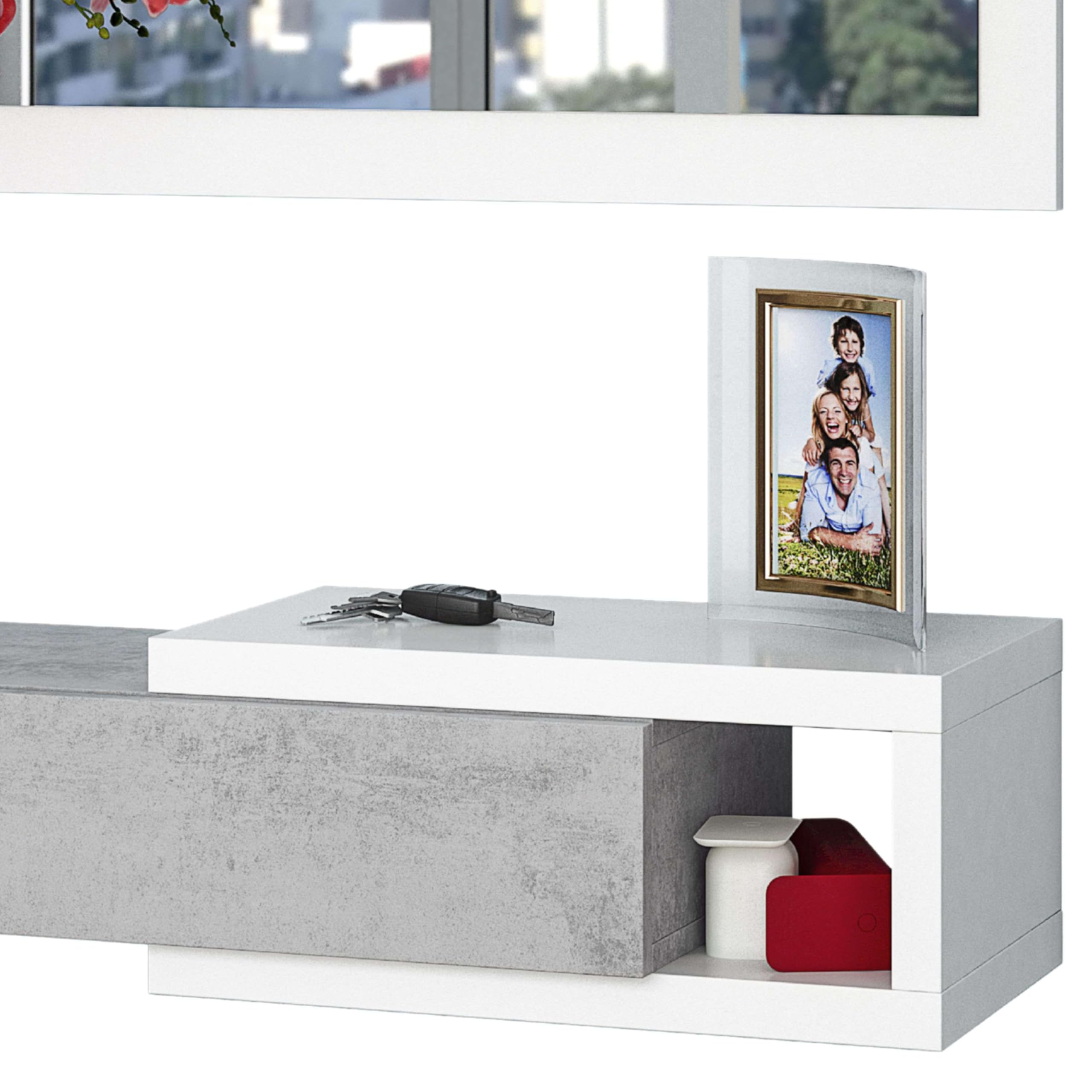 Habitdesign Ingresso con cassetto e specchio, mobile da ingresso, modello mezzogiorno, rifinito in bianco Artik e cemento, misure: 95 cm (larghezza) x 19 cm (altezza) x 26 cm (profondità)