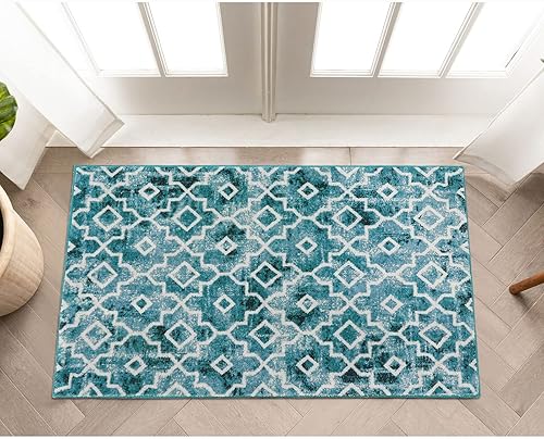 Miniatura 8 de Wonnitar Alfombra marroquí lavable, tapete de entrada azul de 3 x 5 pulgadas, antideslizante, neutro, para habitación de niños, tapete moderno