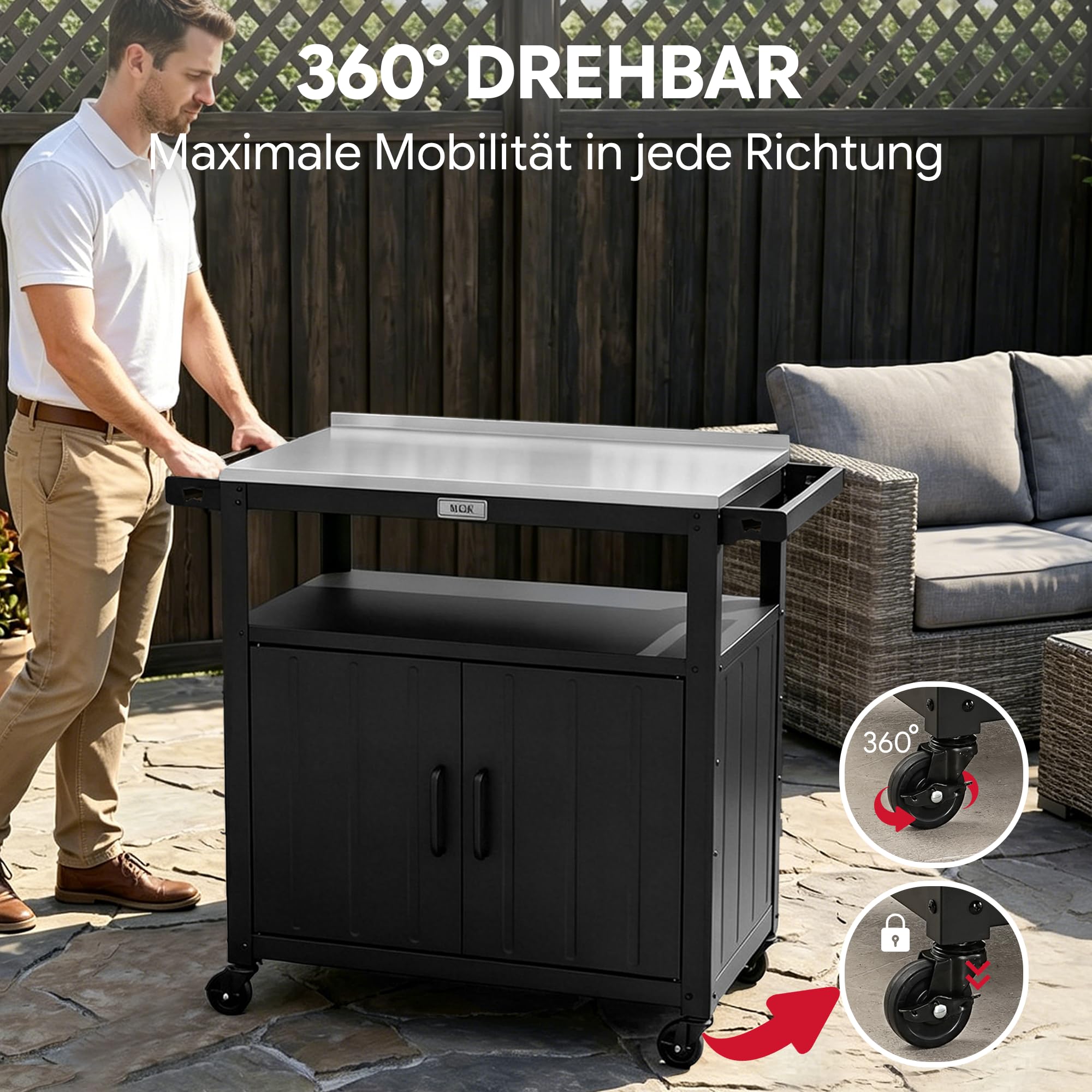 Feasto Servierwagen mit Rollen, Grillwagen mit Schrank, Edelstahlplatte, Outdoor Küche für Terrasse & Garten, 100x45x89,5 cm