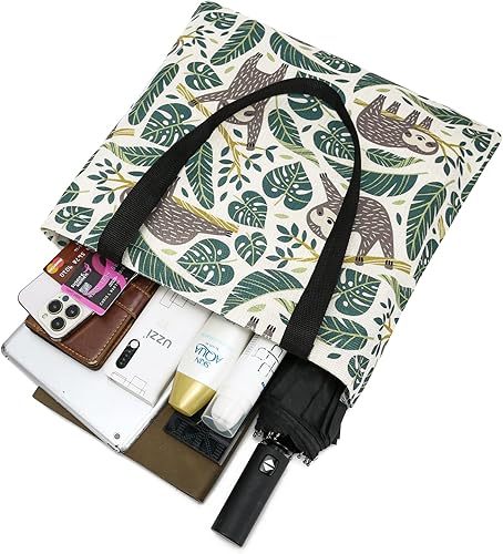 Miniatura 5 de Bolsa de lona para mujer, bolsas de comestibles reutilizables, bonitas bolsas estéticas para regalos de Navidad, compras y playa, Lindo perezoso