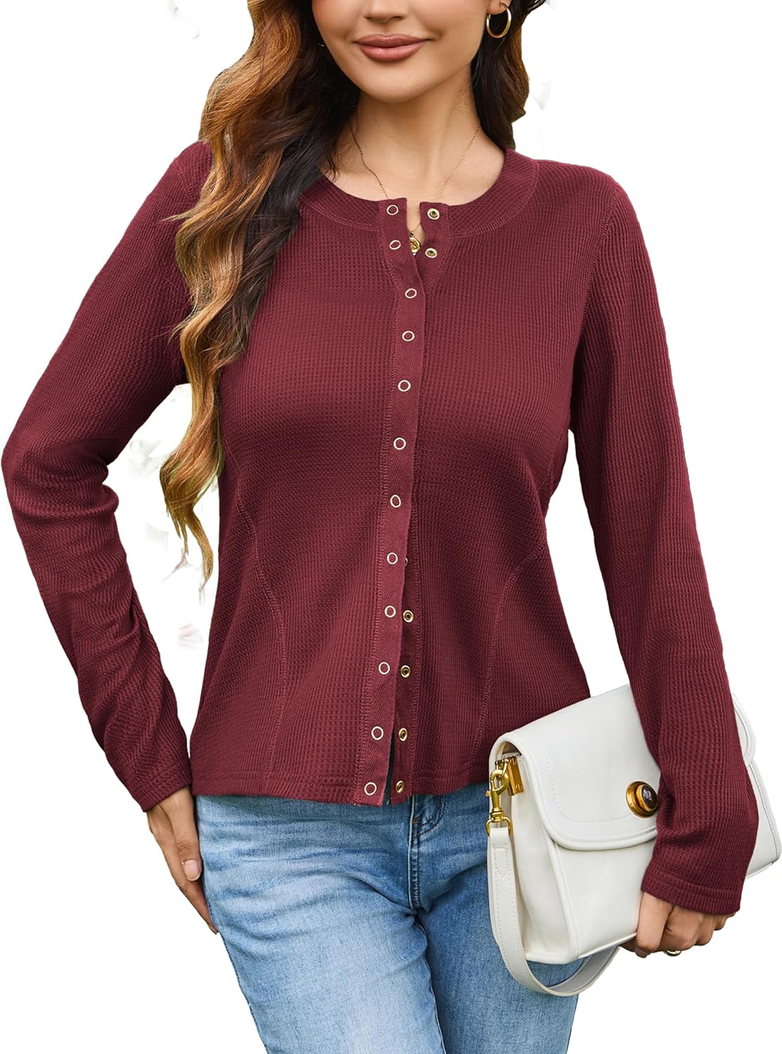 Besshopie Womens Lightweight Cardigan Button Down Long Sleeve Cardigans Crew Neck Waffle Knit Open Front Tops - Image 2