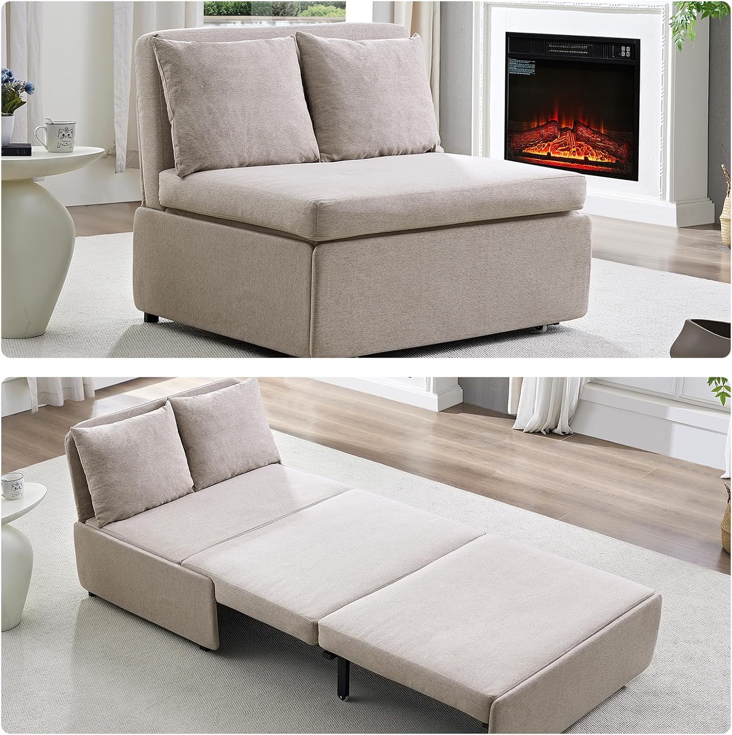 BALUS 43" Width Twin Pull Out Sofa Bed Sleeper Couch with Pullout Beds, Convertible 2 in 1 Linen Sleepers Sofas Armless Chair with Pillows and 3.9" Mattress for Small Space Apartment Loft, Beige