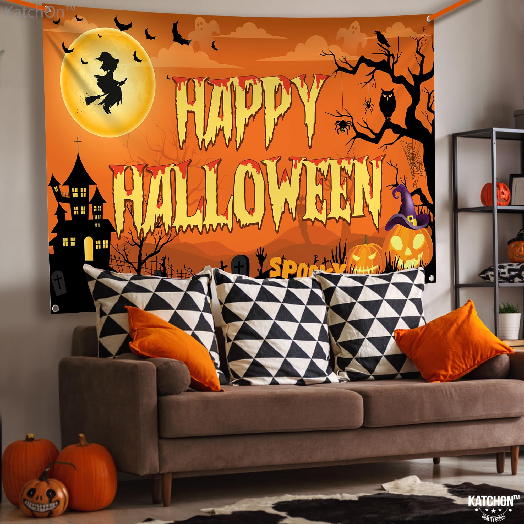 KatchOn, Upiorny baner z okazji Halloween, XL, 183 x 117 cm, pomarańczowe tło na Halloween, baner ścienny na Halloween, dekoracje na Halloween, tło do fotografii