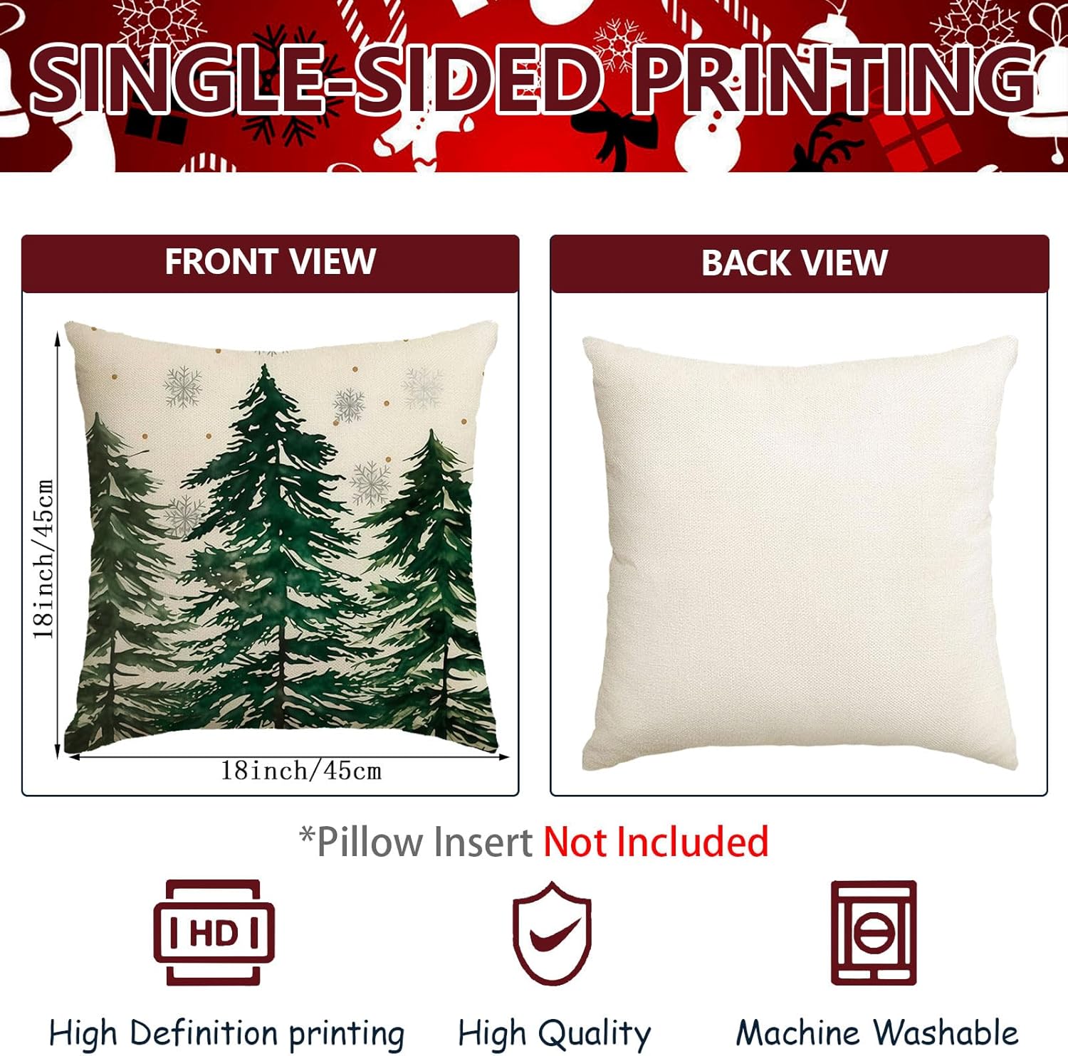 Merry Christmas Green Xmas Tree Pillow Covers 18 x 18 Inch,Set of 4 Decorative Winter Snowflake Joy Xmas Balls Designs for Seasonal Winter Decoration Couch Sofa Bedroom Living Room Decor - Image 3