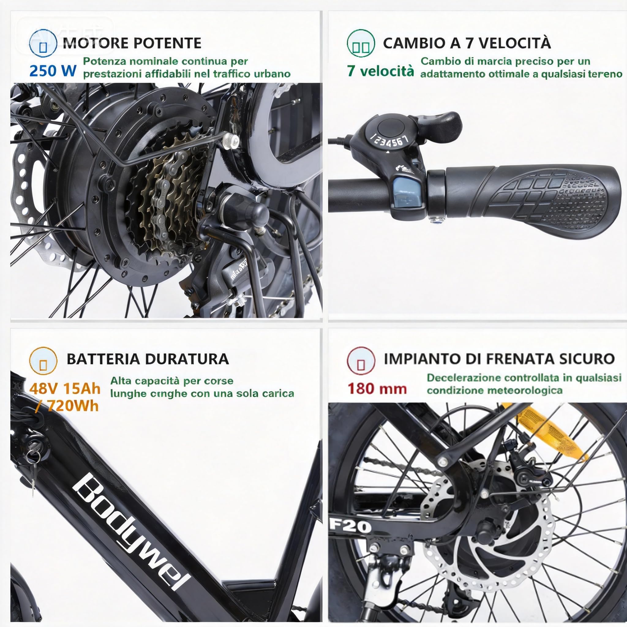 Bodywel F20 E-Bike Adulto 48V 15Ah Batteria 250W Motore 25 km/h, Bici Elettrica Fatbike 20 Pollici per Uomo e Donna, 7 Velocità, Display Smart APP, Freni a Disco 180mm, Portapacchi