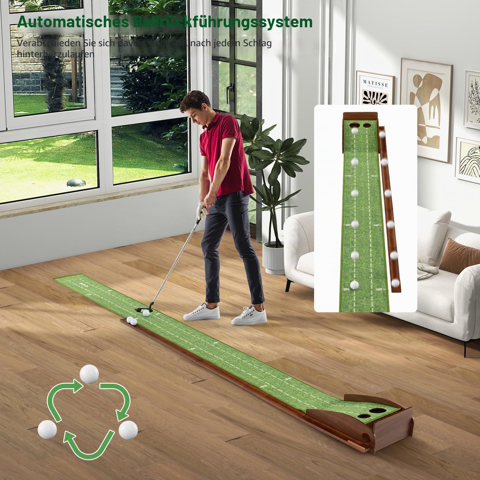 LIFEZEAL Golf Putting Matte, Golfmatte mit Löchern, Tragbarer Golf Übungsmatte mit automatischer Rückkehr, Golfübungsgeräte Golf Matte für den Innenbereich & Außenbereich