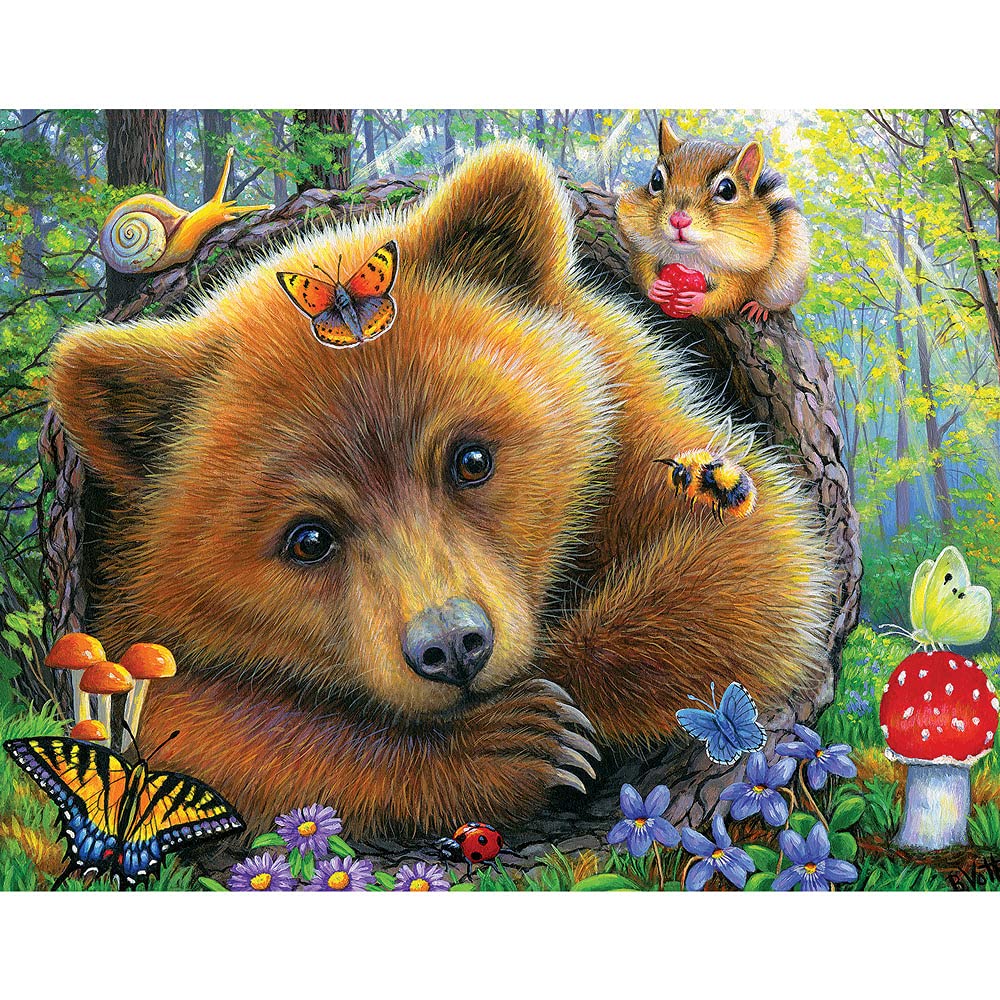 Bits and Pieces - 100 Piece Large Piece Family Jigsaw Puzzle for Adults & Kids - 15" x 19" - Little Bear's Morning - 100 pc Grizzly Forest Cub Butterfly Nature Flower Cute Jigsaw by Carla Daly