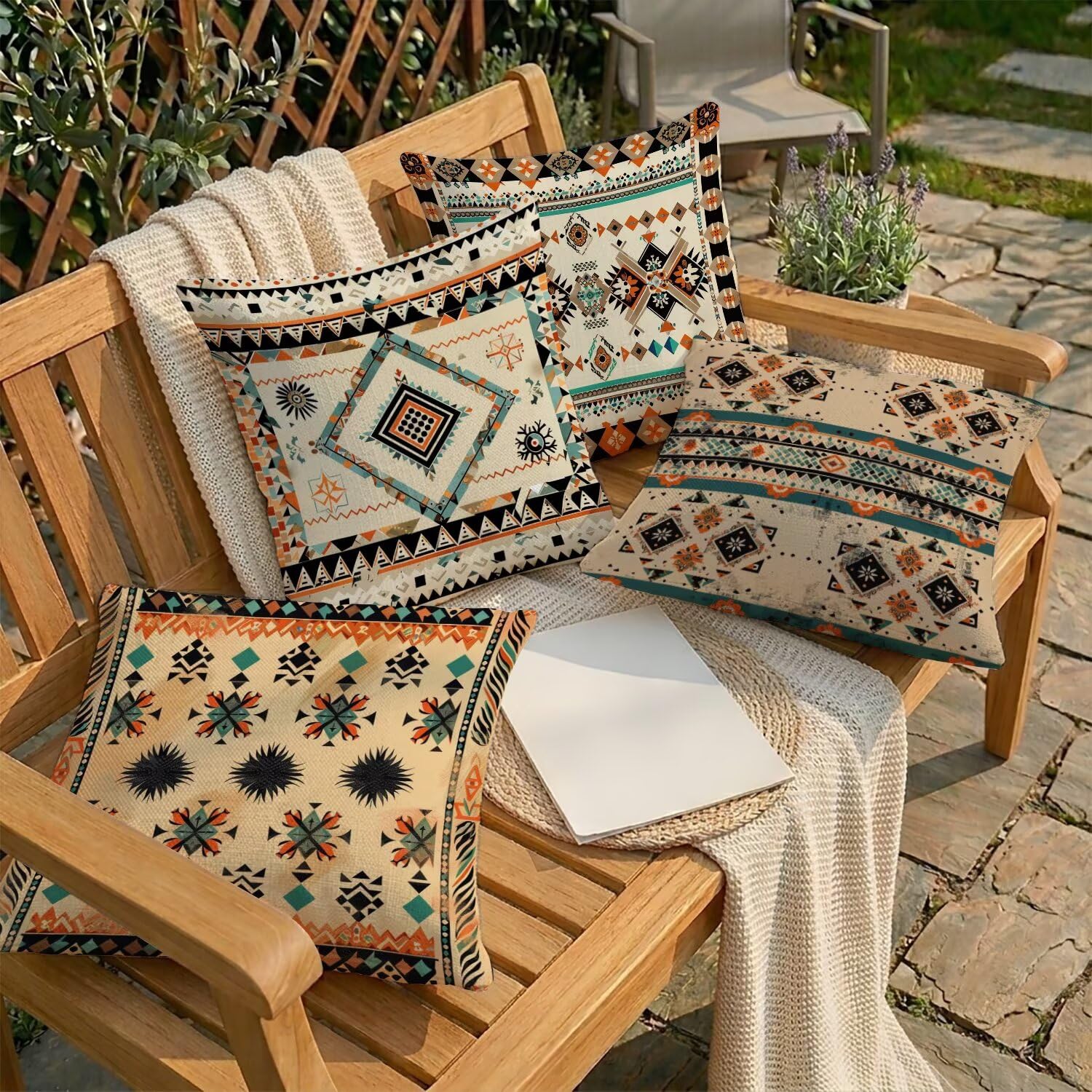 Set di 4 Federe Copricuscini 50x50 cm, Motivi Per Tappeti Federe per Cuscini Decorazioni in Lino con Cerniera Invisibile, Quadrati Impermeabile Cuscini da Esterno per Giardino Soggiorno (Boemia) L-8D
