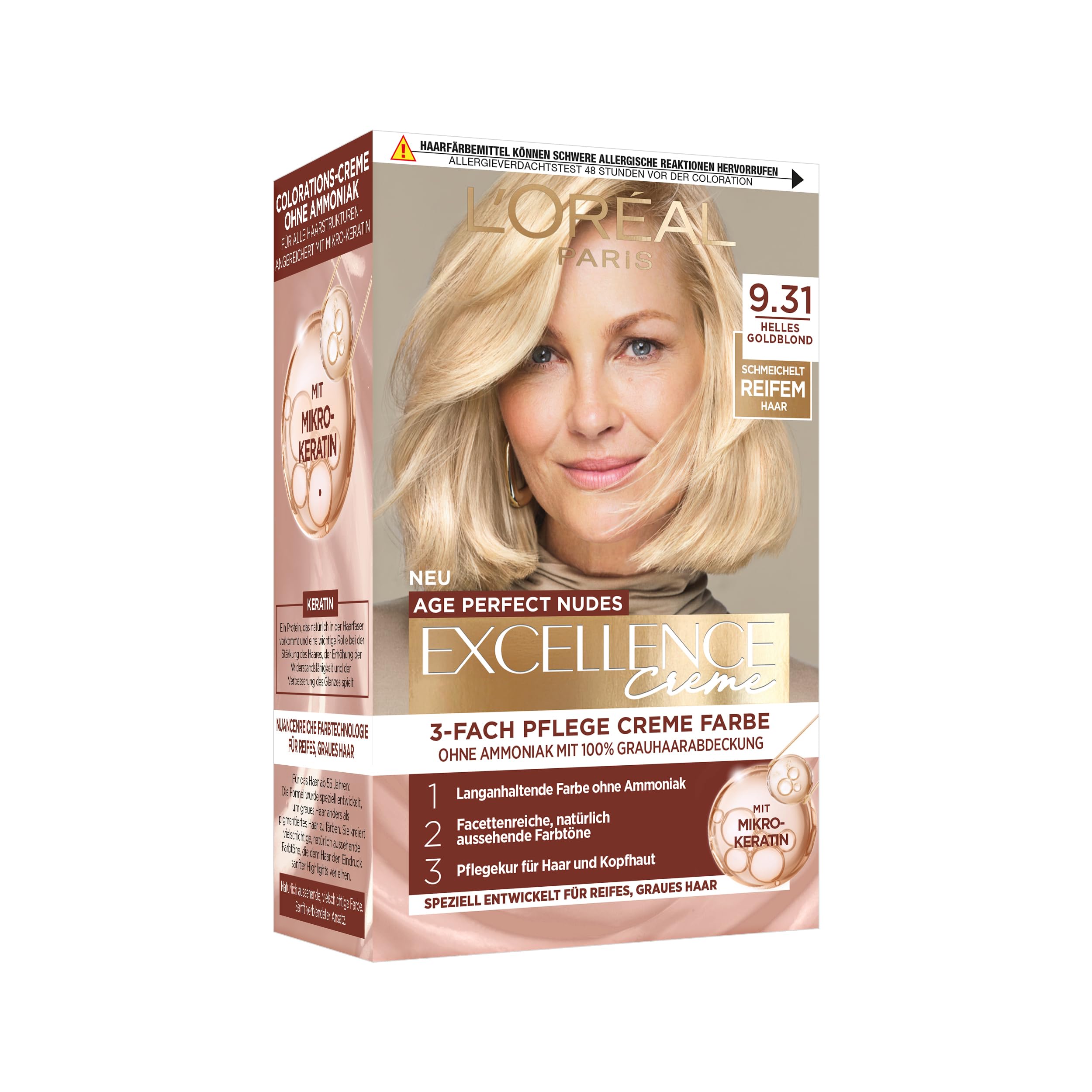 L’Oréal Paris Excellence Creme Age Perfect Nudes 9.31 Helles Goldblond, dauerhafte Haarfarbe, permanente Coloration, 100% Grauabdeckung, für reifes, dünnes Haar, 1 Stück