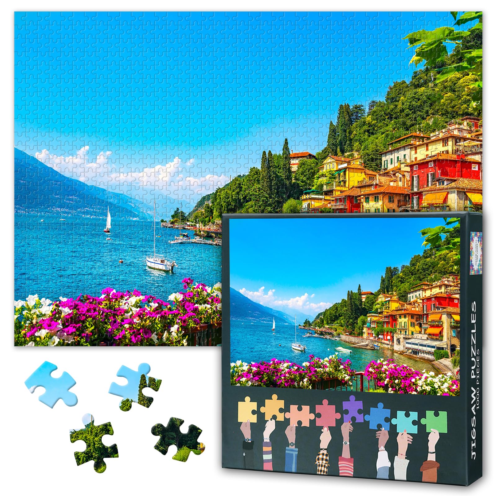 1000 Piece Jigsaw Puzzle of Lake Como Italy - Varenna Traditional Village Scenic Art, Adult Challenging Puzzle 27.5x19.7 Inch, European Travel Landscape & Historic Town