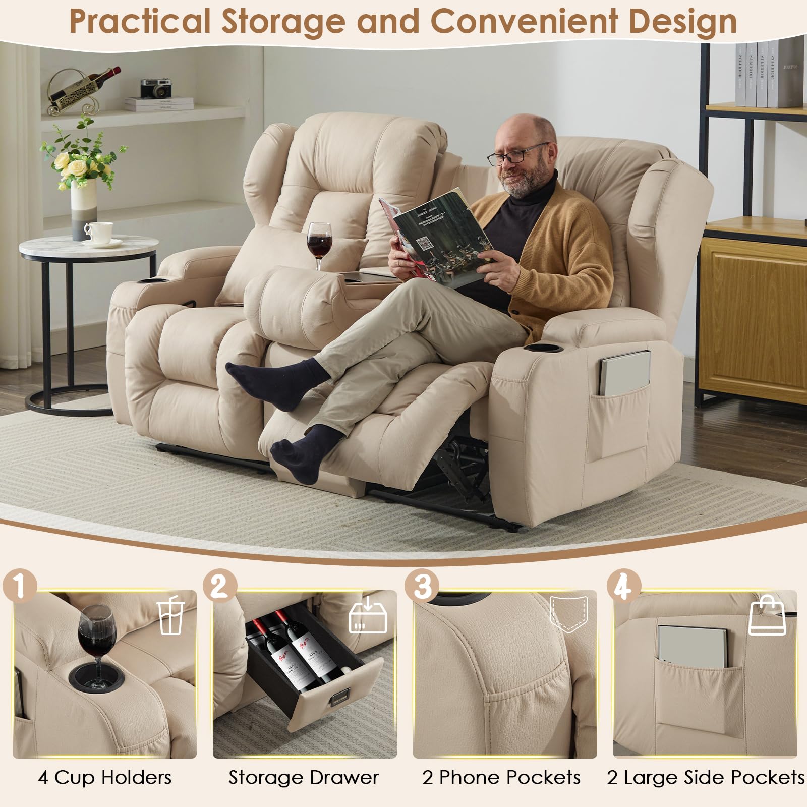 SAMERY Zweisitzer Relaxsessel mit Liegefunktion, 2er-Fernsehsessel Kinosessel 2 Sitzer TV Sessel Heimkino Sitze mit klappbare Mittelkonsole, 4 Getränkehalter (Beige, 172 cm Zweisitzer)
